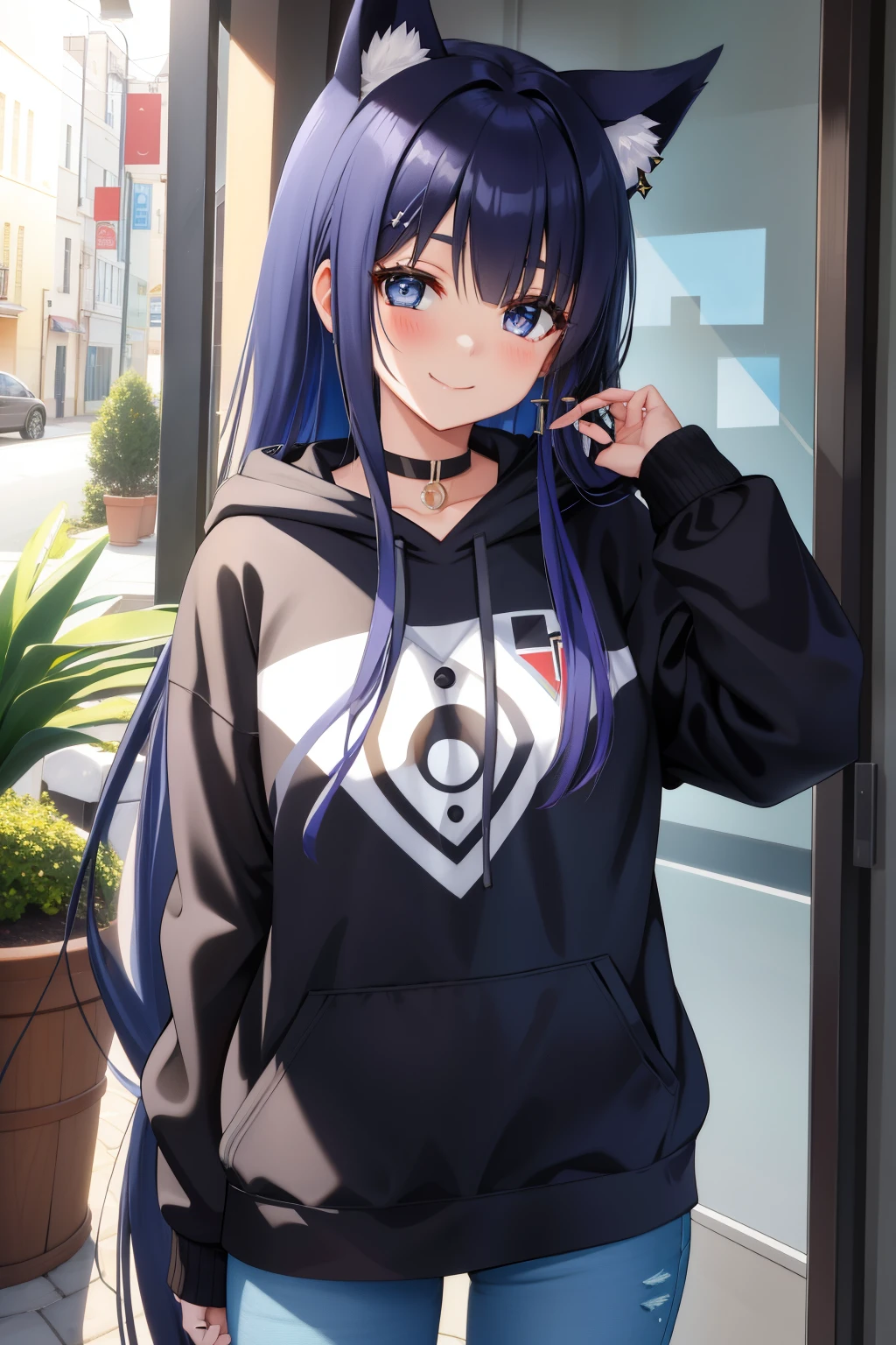 Masterpiece of art featuring Hinata, the solo girl with dark blue hair and cute eyes, wearing a trendy Streetwear Hoodie and black jeans. jewels adorn her ears, accentuating her sidelocks. She is indoors, with arms behind her back and a big plant by her side. Her hair cascades in very long side locks, framing her face with a cute smile, looking directly at the viewer.