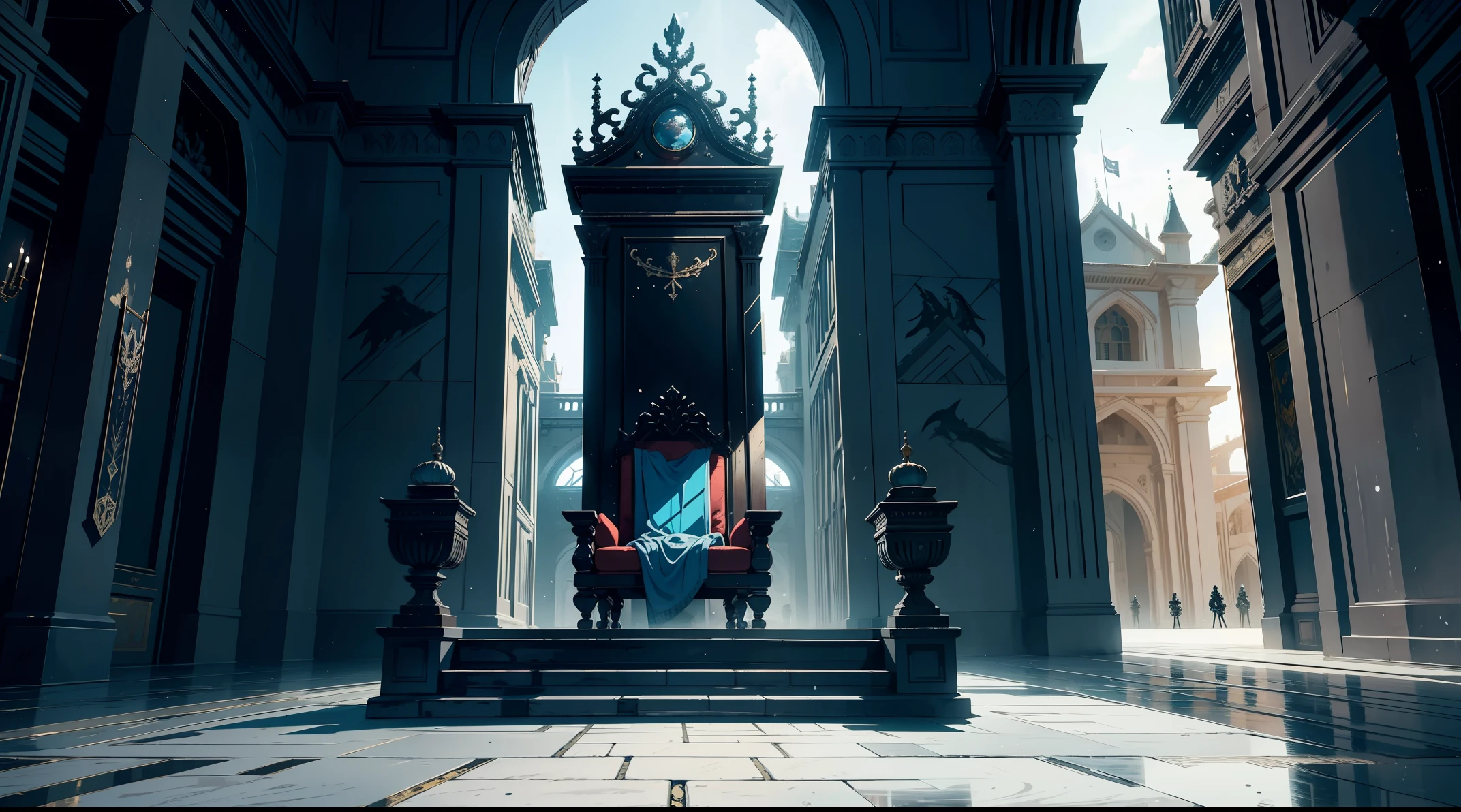 Surreal,Super detailed,dynamic lens,masterpiece,Scenes,Scenes,epic legendary,An empty throne in a fortified palace