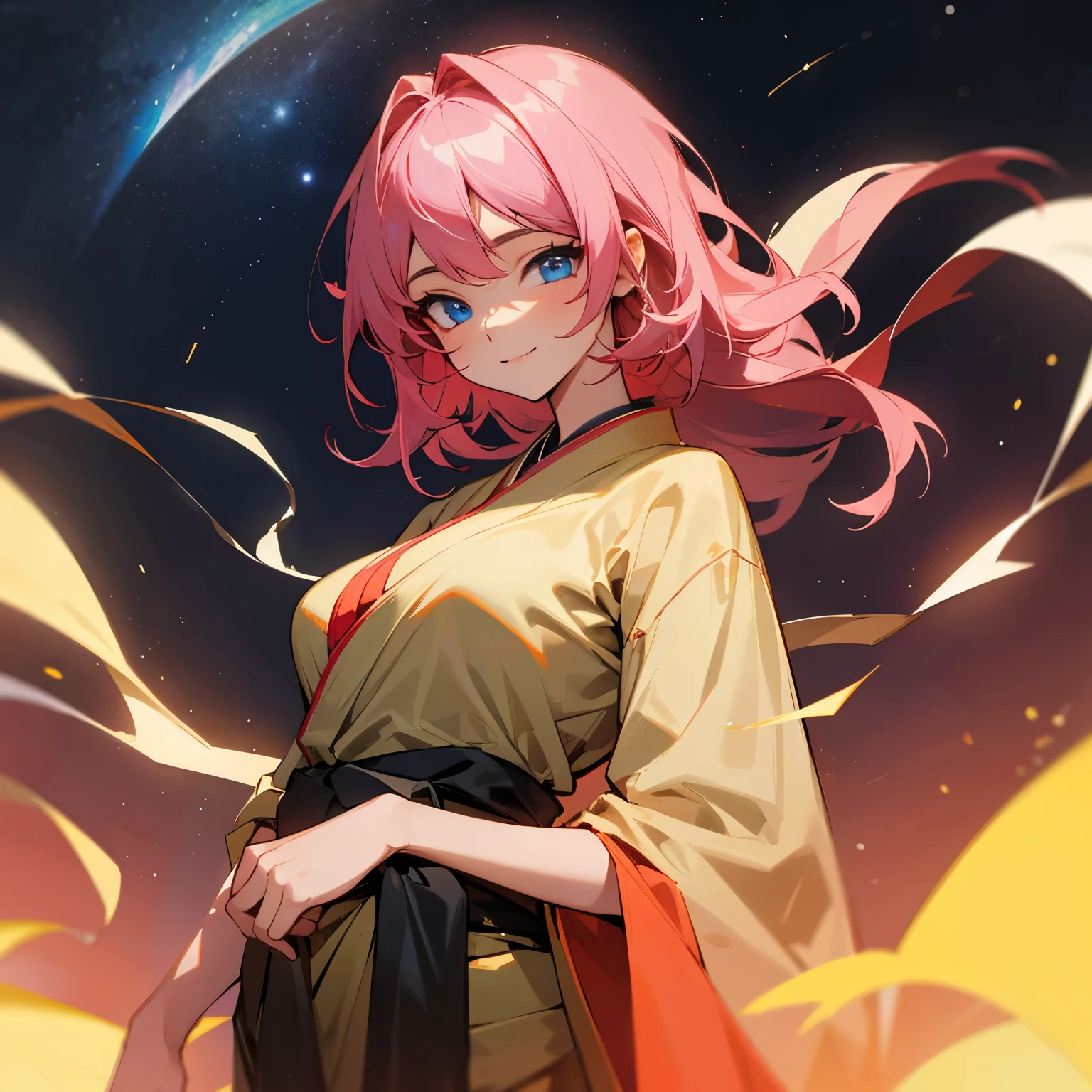 (highly detailed back ground:1.0), (highly detailed back ground:1.0), masterpiece, top-quality, ultra high resolution, 8K, BREAK, a japanese girl, solo, upper shot, highly-detailed face, smile, BREAK, detailed hair, (1/2 smoky red and 1/2 pink hair), BREAK, detailed skin, glowy skin, detailed eyes, blue eyes, burning cheeks, big breasts, BREAK, detailed clothing, (saree:1.2), looking at the camera, (bright starry sky at earthrise)