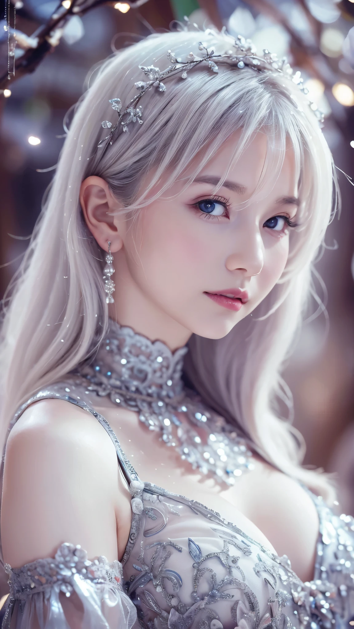 ((High quality)),masutepiece,(Detailed depiction of local details:1.2),1girl in,large full breasts、cleavage of the breast,Closed mouth,Eyelashes,Looking at Viewer,Portrait,Solo,upper body closeup、portrait,White hair,White theme,(tmasterpiece, 8K, Best Quality, hight resolution, Ultra-detailed, Ultra-realistic realism),White the, A world covered in silver, branches covered with snow, cold winter feel, snowflakes dance like elves, Turn the world into a silver fairy tale, Cold, Quiet and beautiful snow scene, comfortable and calm, Vibrant colors, Full body, Princess, 1 girl, 25age, a baby face, White hair, short hair,(an artistic pose),
