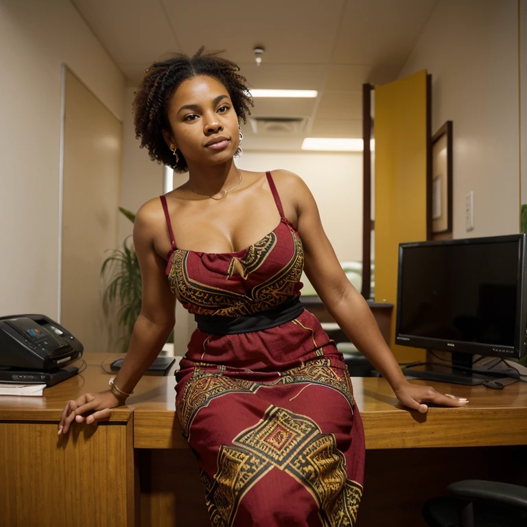 A Brazilian mulatto is a person with rich ethnic heritage, often exhibiting a combination of African and European ancestry, with a range of skin tones and a vibrant culture that celebrates Brazil's racial and ethnic diversity, dressed in a red suit . red suit evening. sitting behind a desk like a president and her hands are clasped.