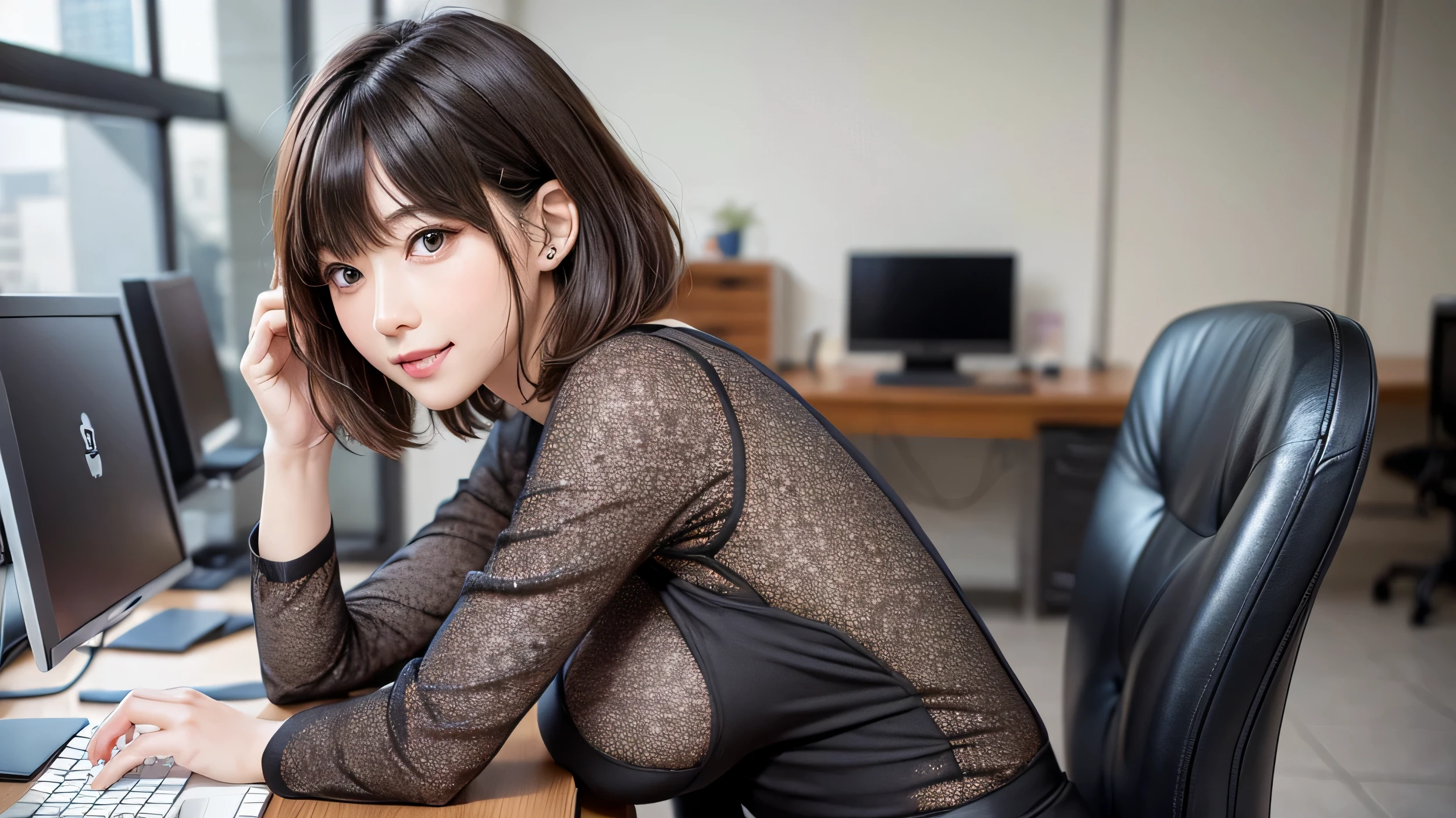(full body photo:1.4)、shot from the side、 (RAW photo:1.2)、(Photoreal:1.4)、(masterpiece:1.3)、(highest quality:1.4)、dream-like、(fine eyes)、(detailed facial features)、(Detailed features of the garment)、skin tightening、(shiny skin、Human skin)、(slender girl)、(slim girl)、one girl、28 years old、secretary、career woman、(((short bob hair with bangs、brown hair、black eye、Big eyes、There is a distance between the eyes、droopy eyes、big and full breasts、(((look away)))、beautiful、please show me your ears、long neck、big smile、Mouth closed and serious expression)))、ideal body proportions、insincere smile、cute、smile、28 years oldの日本の女性、Beautiful leg form、Typing on the keyboard on a desk computer、(((looking at the computer in front of me:1.5)))、profile photo、
Office Casual、small necklace、Large office background、Features contemporary design furnishings, including armchairs upholstered in black and gray leather, tempered glass coffee tables with chrome bases, a solid wood meeting table with black leather chairs,It has large windows、You can see skyscrapers outside the window、daytime、Sunny、stylish,high end technology,Contemporary lighting,Uncluttered workspace