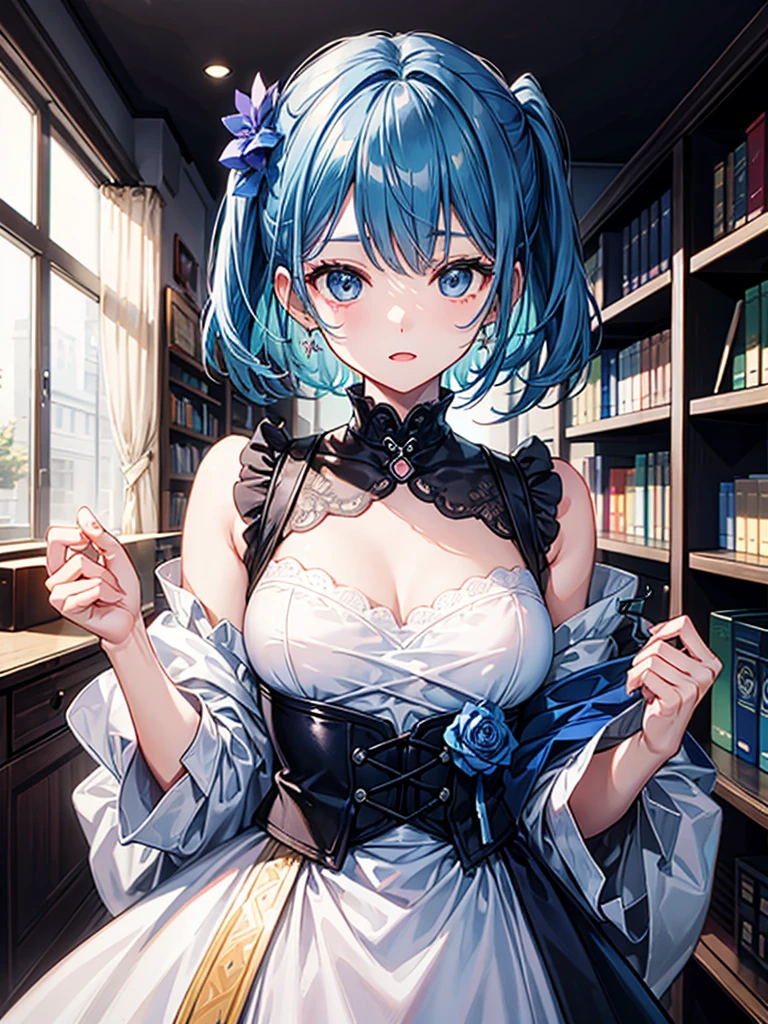 (((masterpiece、Highest image quality、highest quality、highly detailed unity 8kwallpaper)))、((Illustration of one girl、upper body))、(((beautiful girl)))、(librarian)、blue hair、(stocky build, thickset physique:1.3, broad shoulders, solid chest)、(((flat chest)))、librarian服