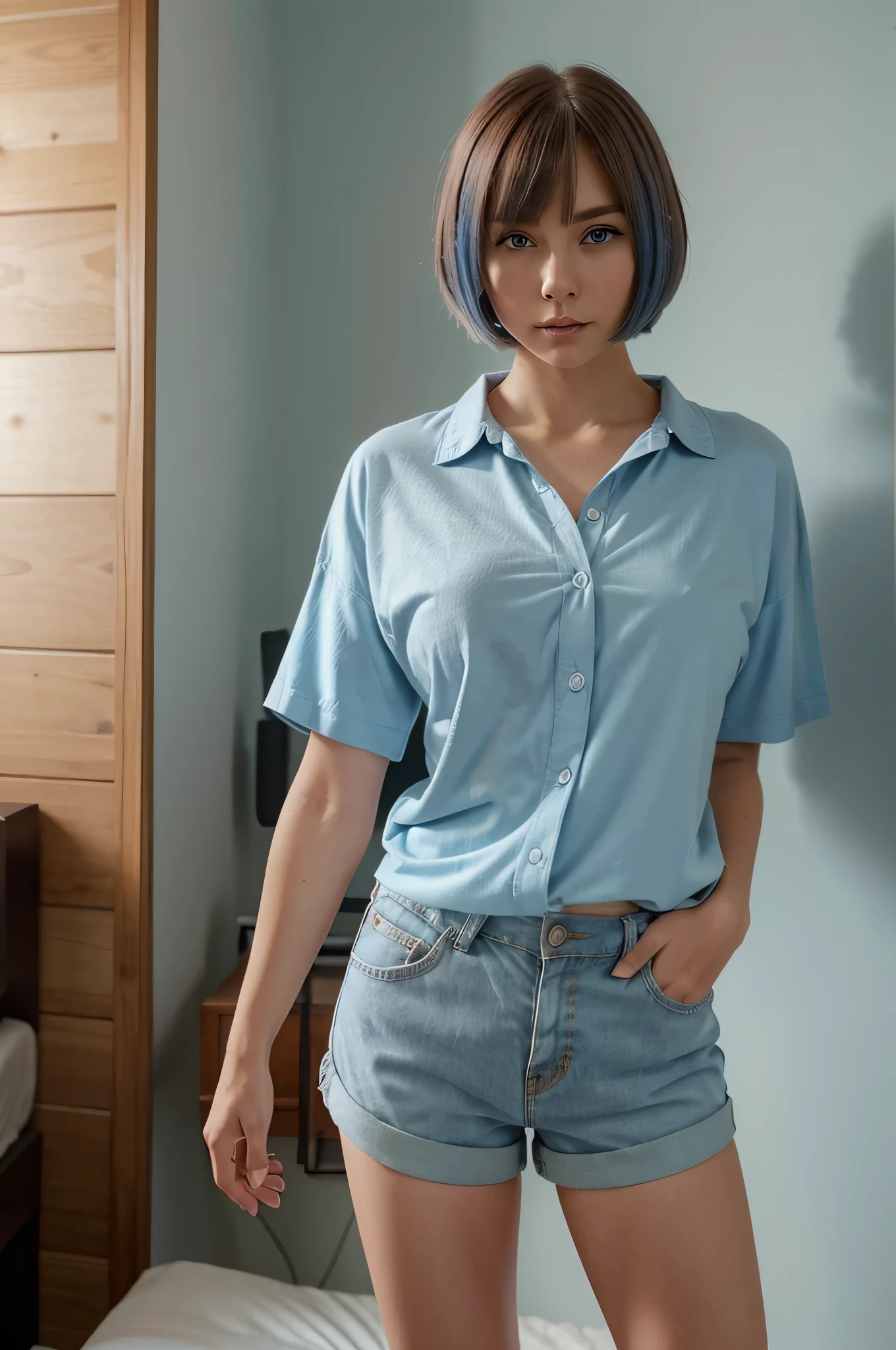 Cute girl model with anime face and toned athletic body, magnificent figure, Light blue eyes, cherry hair, with a bob haircut in shorts and an oversized shirt, I&#39;m standing at home, leaning against the wall against the background of a luxurious quality, not a blurry full-length bed in shorts with an unbuttoned shirt, Brown clothes