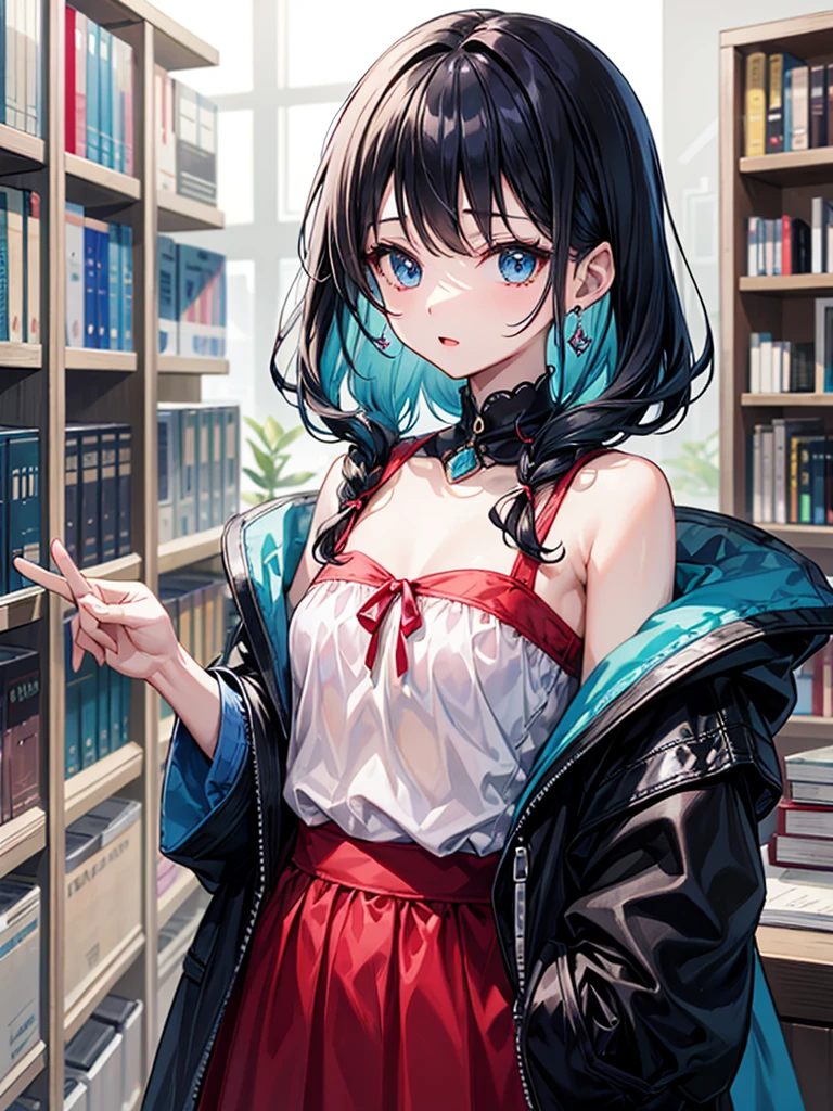 (((masterpiece、Highest image quality、highest quality、highly detailed unity 8kwallpaper)))、((Illustration of one girl、upper body))、(((beautiful girl)))、(librarian)、blue hair、(stocky build, thickset physique:1.3, broad shoulders, solid chest)、(((flat chest)))、librarian服