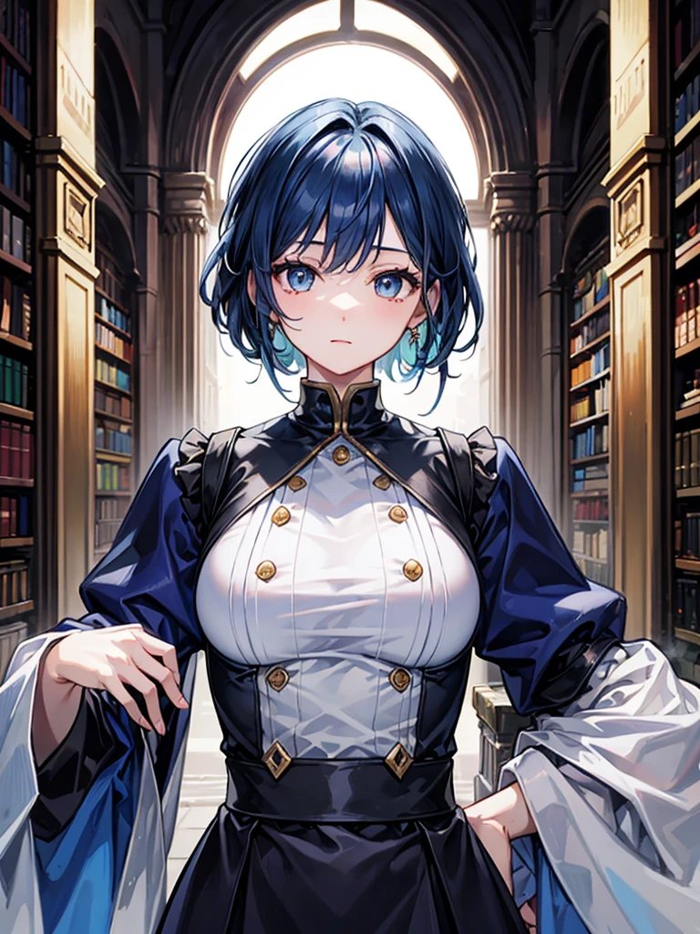 （（（masterpiece、Highest image quality、highest quality、highly detailed unity 8ｋwallpaper）））、（（Illustration of one girl、upper body））、（（（beautiful girl）））、（librarian）、（（blue hair、freckles））、（stocky build, thickset physique：1.3, broad shoulders, solid chest）、big breasts、librarian服、great medieval library