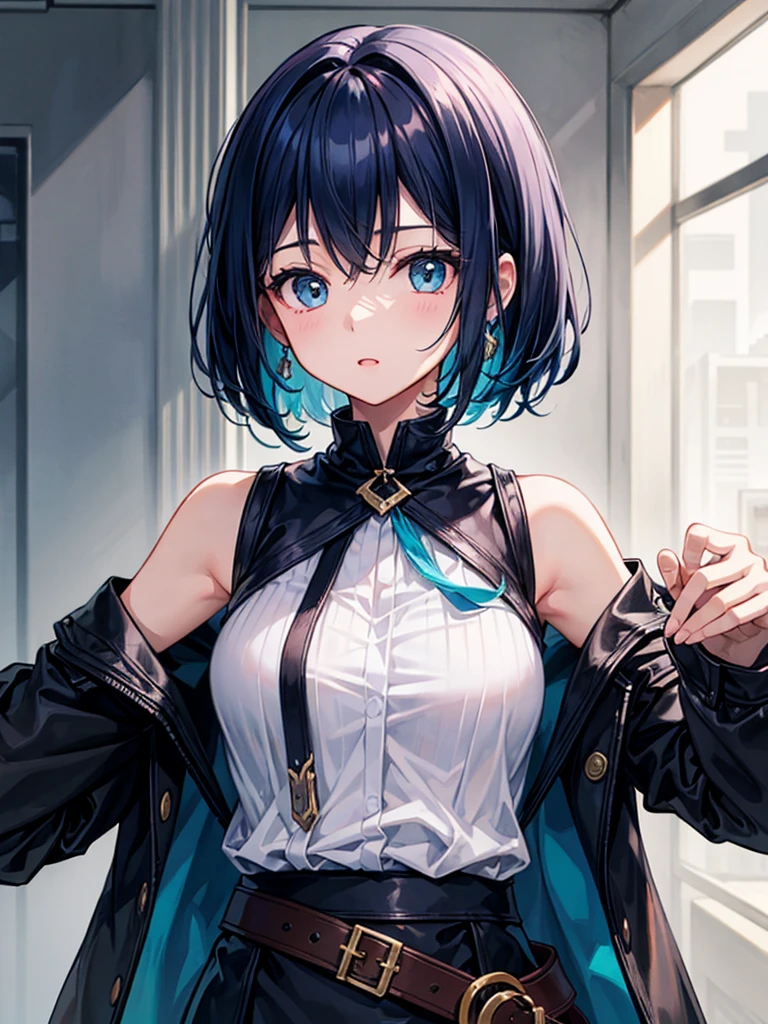 ((best quality)), ((masterpiece)), (detailed), 1girl, off-shoulder jacket, crop-top, medium black hair with blue streak, blue eyes