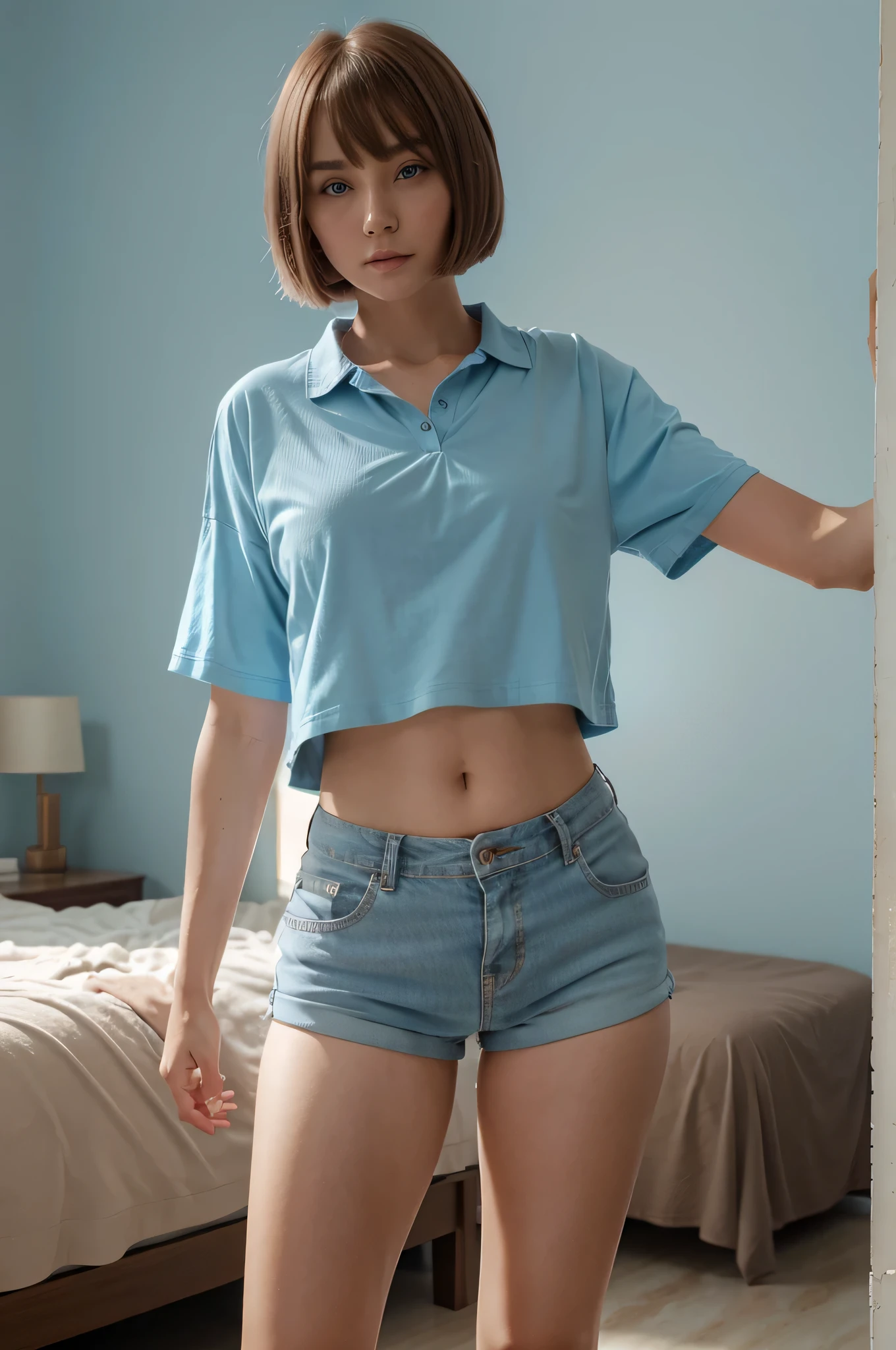 Cute girl model with anime face and toned athletic body, magnificent figure, Light blue eyes, cherry hair, with a bob haircut in shorts and an oversized shirt, I'm standing at home, leaning against the wall against the background of a luxurious quality, not a blurry full-length bed in shorts with an unbuttoned shirt, Brown clothes