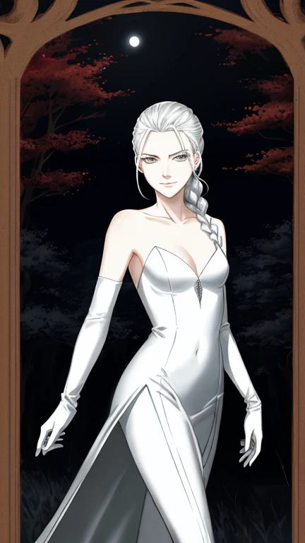 claymore (series),ophelia (claymore),1girl,Solo,fantasy,pale white skin,silver hair,show the forehead full,((slicked back hair)),hair pulled back,single braid,very long and large braid,yellow eyes,white bodysuit,white gloves,collarbone,silver pauldrons,(evil smile),a sad look,sinister female warrior,in the dark night lakeside,with trees ,no moon