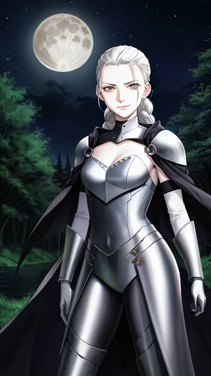 claymore (series),ophelia (claymore),1girl,Solo,fantasy,pale white skin,silver hair,show the forehead full,((slicked back hair)),hair pulled back,single braid,very long and large braid,yellow eyes,white bodysuit,white gloves,collarbone,silver pauldrons,(evil smile),a sad look,sinister female warrior,in the dark night lakeside,with trees ,no moon