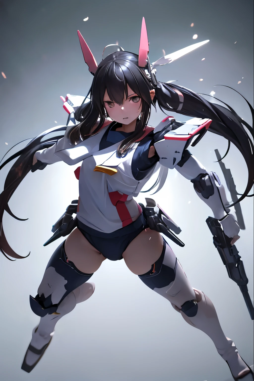 (highest quality)), ((masterpiece)), (very detailed: 1.3), 3D, {(1 girl)}, (wear navy buruma and white gym uniform with colored hem under armor:1.2), (black hair:1.5), wears a futuristic Gundam mecha,(heavy armored Gundam), with headgear, with v-fin , armored shoulders,armored under arms, armored under legs, short sleeve, multilayer textureperfect proportions, octane rendering, duotone lighting, Low ISO, wide aperture, White balance, Rule of thirds, ultra HD16k, HDR (High Dynamic Range), Ray Tracing, NVIDIA RTX, Super Resolution, Subsurface Scattering, PBR Texturing, Post Processing, Anisotropic Filtering, Depth of Field, Maximum Clarity and Clarity, High efficiency subpixel, subpixel convolution, particles of light, light scattered, Tyndall effect, full body:1.5, battle pose, cute, (cute:1.2), (long hair:1.3),太い眉毛, 薄い色の虹彩, 大きくて輝いている黒い瞳, 長いまつげ, 小さく薄い色の自然な唇, (Average face of Japanese idols), (日本人特有の童顔:1.3), (baby おでこ:1.2, ふっくらした頬, 小さな顎, attached 2 huge weapons on back, attached missile pods on shoulders, in the hangar,looking at viewer,Focus on the eyes