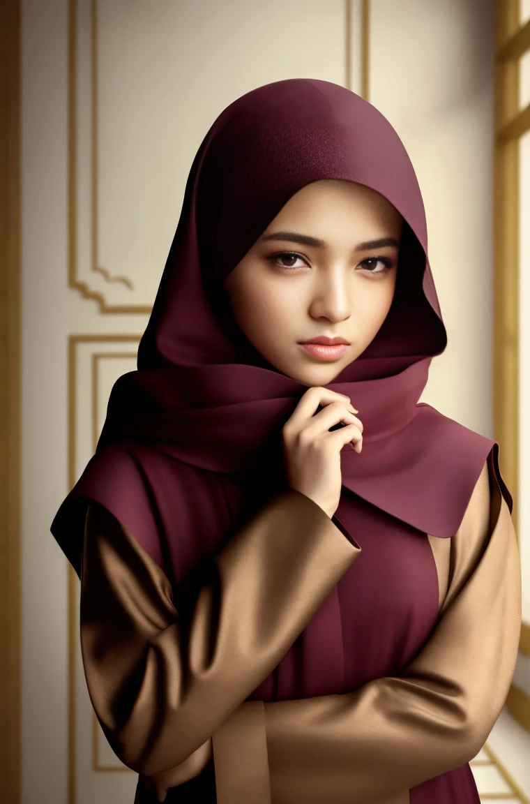 RAW photograph, best quality, masterpiece, an extremely delicate and beautiful, extremely detailed, CG, unity, 8k wallpaper, Amazing detailed, finely detailed, masterpiece, best quality, official art, extremely detailed CG unity 8k wallpaper, ultra-detailed, highres, extremely detailed, clear, focused, (best quality), (realistic, photo-realistic:1.6), 8k, soft lighting, high quality, cinematic lighting, 1girl, centered, wear hijab, long jubba thobbe, covered clothes, perfect fingers, detailed eyes,