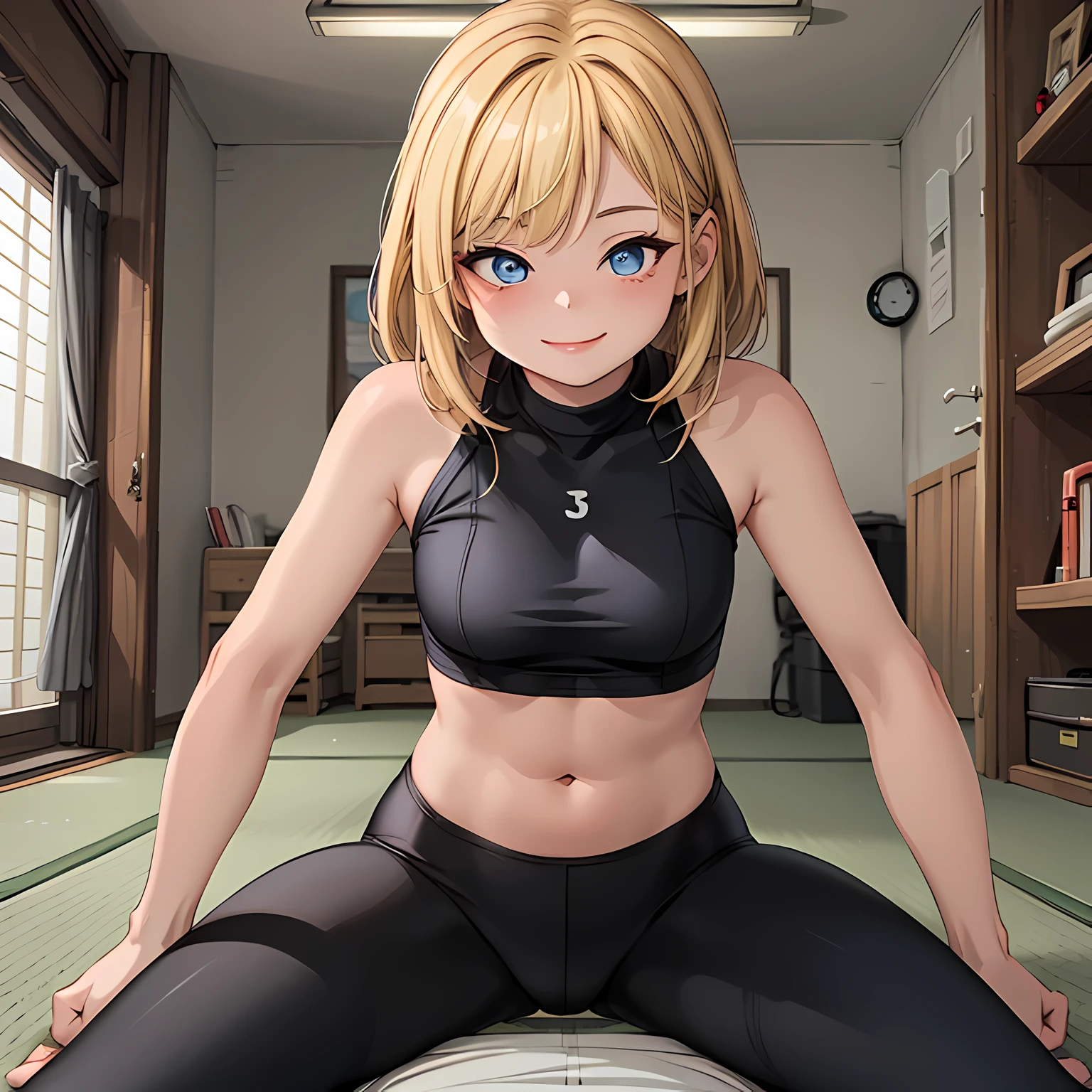 Best quality, masterpiece, small breasts, Baby girl, smile, leggings, One, anime style, dojo, judo, Blue eyes, Detailed eyes, medium hair, blonde hair, loose hair, clap, foreground, Tight belly, Saddled, saddle, cowgirl position