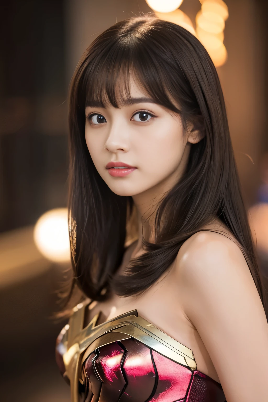masterpiece、1 beautiful girl、fine eyes、puffy eyes、highest quality, 超High resolution, (reality: 1.4), movie lighting、Japanese、asian beauty、Korean、super beautiful、beautiful skin、body facing forward、close up of face、(超reality的な)、(High resolution)、(8K)、(very detailed)、(美しくfine eyes)、(Super detailed)、 (wall-)、detailed face、bright lighting、professional lighting、looking at the viewer、look straight ahead、slanted bangs、brown hair、Nogizaka idol、korean idol、fiery idol pose、、25 years old、wonder woman cosplay