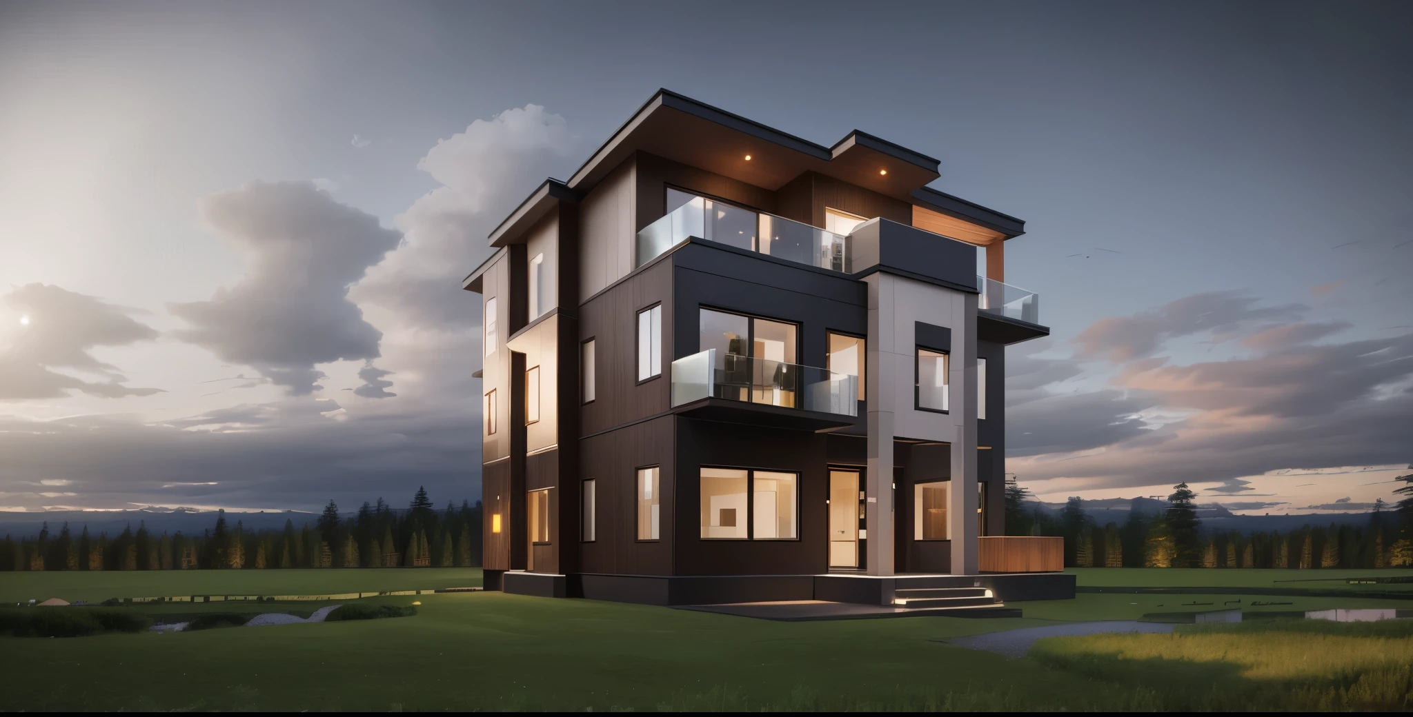 (sun light from the left), arafed ALL IN NEW STYLE a modern multi-story house surrounded by well-manicured landscaping.
It features large glass windows that allow ample natural light into the interior spaces.
Wood paneling accents are visible on various sections of the exterior, giving it a warm touch amidst its contemporary design.
There are multiple balconies that provide outdoor space for relaxation and offer views of the surrounding landscape.
The house is set against a backdrop of tall trees and greenery which adds to its aesthetic appeal.
In front of the house are two ornamental urns placed symmetrically on either side of what appears to be a gateway or an entrance.