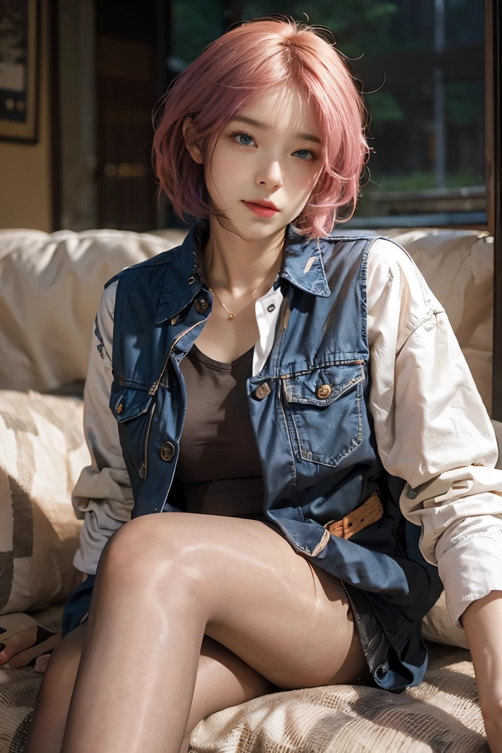 20yo woman, (masterpiece: 1.4), (8K, reality, original photo, best quality: 1.4), Japan, (1 girl), beautiful face, (Real faces: 1.4), (pink hair, short hair: 1.3), hairstyle, Realistic blue eyes, beautiful details eyes, (reality皮肤: 1.3), beautiful skin, Attractive, ultra high resolution, Super realistic, HD, golden ratio, (Detailed face: 1.4), (Japan演员: estuary), Sheer vest,粉色short hair,White透明,White,NSFW,big,big屁股强调,The nipple areola is clearly shaped,looking into camera,Sitting on the sofa,pubic shape is transparent and clear,posture(Bend your knees and legs open)