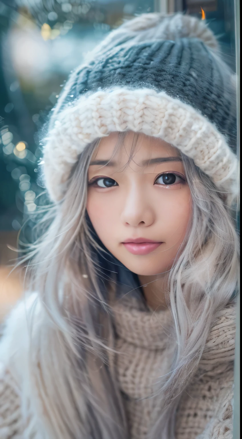 stand in front of the Christmas show window, japanese woman, (oversized knitted sweater:1.3), snowing, pupils sparkling, silver long hair, depth of field, f/1.8, anatomically correct, textured skin, super detail, high details, high quality, super detail, high details, high quality, best quality, highres