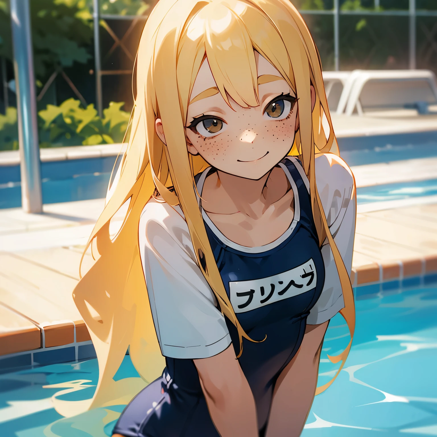 blonde、long hair、Bad eyes、school swimsuit、shy smile、shy、Bad girl、freckles、pool、whole body