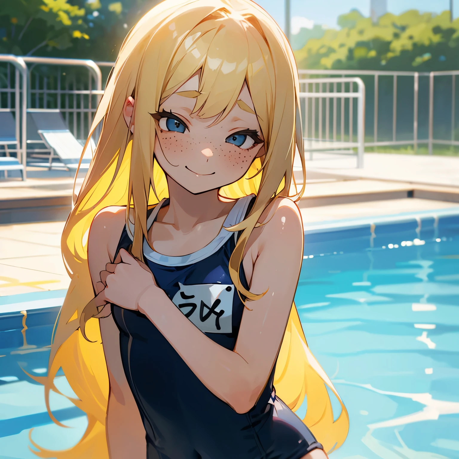 blonde、long hair、Bad eyes、school swimsuit、shy smile、shy、Bad girl、freckles、pool、whole body
