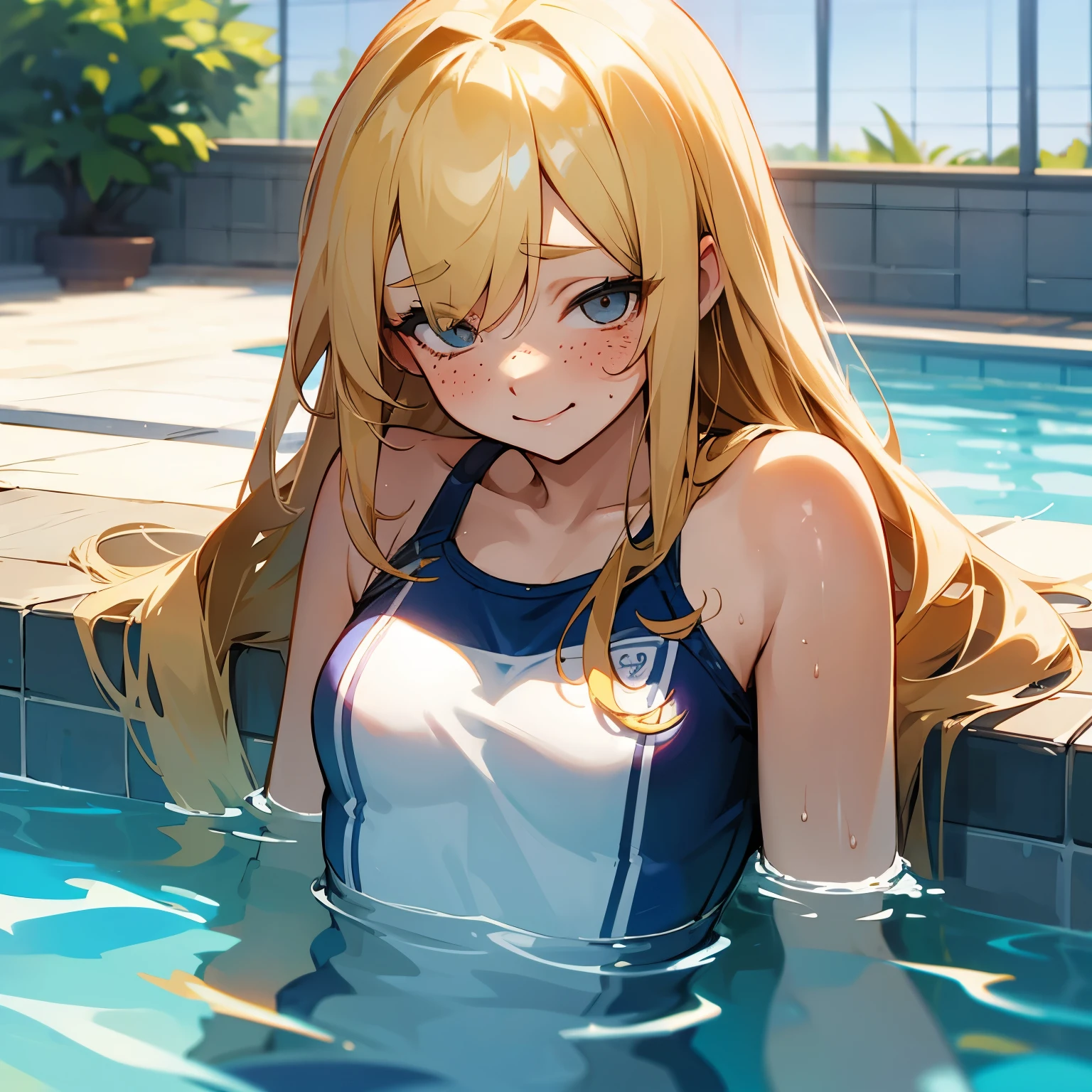 blonde、long hair、Bad eyes、school swimsuit、shy smile、shy、Bad girl、freckles、lesson、student、pool、whole body