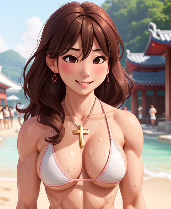 attractive korean woman, ripped muscle, muscular body, small breast, pale skin, smile(blush), bikini, cross necklace, sixpack abs, [ultra detailed skin:1.2], brown hair, wavy hair, 8k uhd, pussy, full body, crowd, public, temple, standing, sweat,