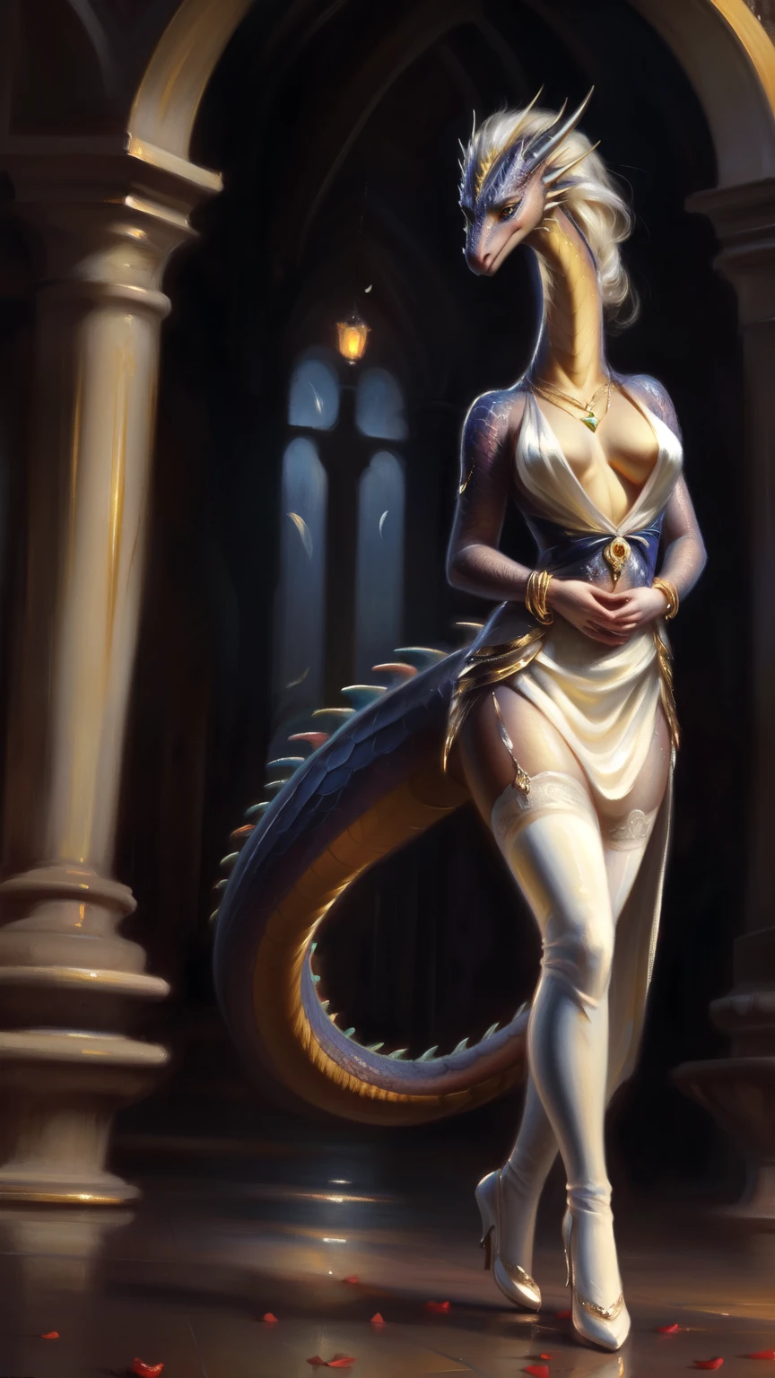 uploaded to e621, by Pixelsketcher, from Bayard Wu, Thomas Benjamin Kennington , from Einhelm, One second, ((Full Length, Master plan)),(detailed lighting of Bonifasco), (Detailed scales), (Detailed skin), ((long, Graceful multi-colored tail)), (loose hair)), ((detailed information)), [Ambient light],  [explicit content], [Sharp Focus], (questionable content), (shaded), ((masterpiece), hiss, flowing long hair, Chest of medium scales, Fluffy multi-colored the Dragon, Dragon Face, furry fantasy art, furry art, high resolution commission, second art, art,Sakimichan is beautiful, masterpiece, Best quality, detailed depiction, bright colors, Detailed face, perfect lighting, Perfect shadows, Perfect eyes, focus on the girl, the Dragon eyes, flawless face, (( Graceful multi-colored tail)) the Dragon, bright skin, dragon girl, can be solved, Scaly Women, Dragon's nose, Large long muzzle, Multi-colored scales, look at the viewer, half-closed eyes, One, (masterpiece), (Best quality), (illustration), long white hair, Detailed scales, Balanced coloring, Global Illumination, ray tracing, good lighting, scales, second, Showing breasts, hands on breast, split, I&#39;m looking at the viewer, Seductive look, nsfv, elegant seducing pose, (The highest level of medieval interior), ((slim and very built, elegant clothes, long slender legs, Long neck)), oil painting, style by Italian artist Pino Daeni, Beautiful girl, the wind blows her hair, rose petals, like snowfall, full height, short chiton above mid-thigh, thin waist,  big eyes, very long eyelashes, golden jewelery, diamond earrings, Gold bracelets, long beautiful legs, , ultra high quality model, чистое Detailed face, Exquisite clothing, white stockings
