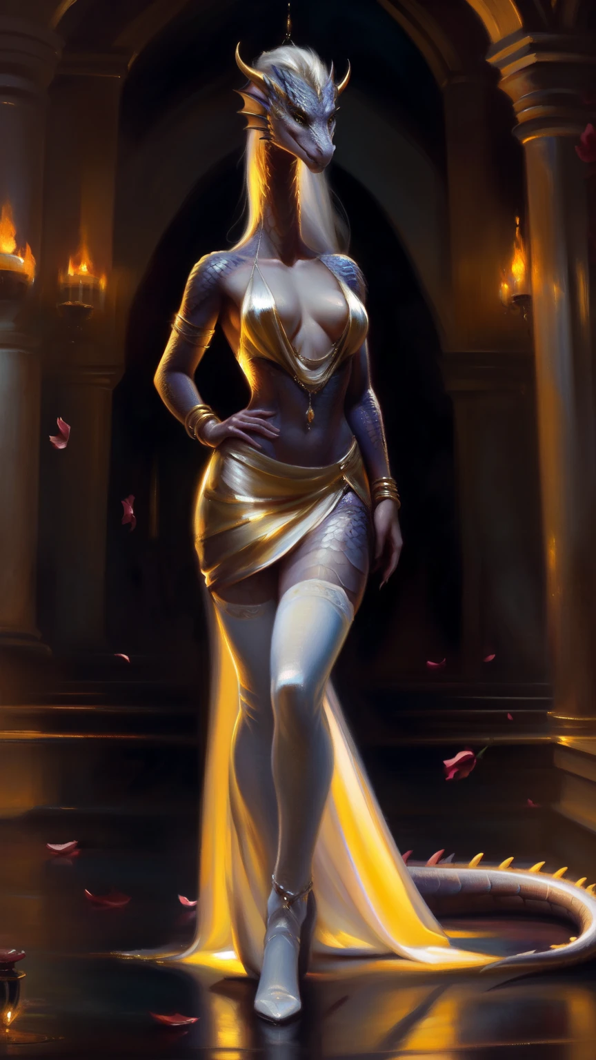 uploaded to e621, by Pixelsketcher, from Bayard Wu, Thomas Benjamin Kennington , from Einhelm, One second, ((Full Length, Master plan)),(detailed lighting of Bonifasco), (Detailed scales), (Detailed skin), ((long, Graceful multi-colored tail)), (loose hair)), ((detailed information)), [Ambient light],  [explicit content], [Sharp Focus], (questionable content), (shaded), ((masterpiece), hiss, flowing long hair, Chest of medium scales, Fluffy multi-colored the Dragon, Dragon Face, furry fantasy art, furry art, high resolution commission, second art, art,Sakimichan is beautiful, masterpiece, Best quality, detailed depiction, bright colors, Detailed face, perfect lighting, Perfect shadows, Perfect eyes, focus on the girl, the Dragon eyes, flawless face, (( Graceful multi-colored tail)) the Dragon, bright skin, dragon girl, can be solved, Scaly Women, Dragon's nose, Large long muzzle, Multi-colored scales, look at the viewer, half-closed eyes, One, (masterpiece), (Best quality), (illustration), long white hair, Detailed scales, Balanced coloring, Global Illumination, ray tracing, good lighting, scales, second, Showing , hands on breast,, I&#39;m looking at the viewer, Seductive look, nsfv, elegant seducing pose, (The highest level of medieval interior), ((slim and very built, elegant clothes, long slender legs, Long neck)), oil painting, style by Italian artist Pino Daeni, Beautiful girl, the wind blows her hair, rose petals, like snowfall, full height, short chiton above mid-thigh, thin waist,  big eyes, very long eyelashes, golden jewelery, diamond earrings, Gold bracelets, long beautiful legs, , ultra high quality model, чистое Detailed face, Exquisite clothing, white stockings