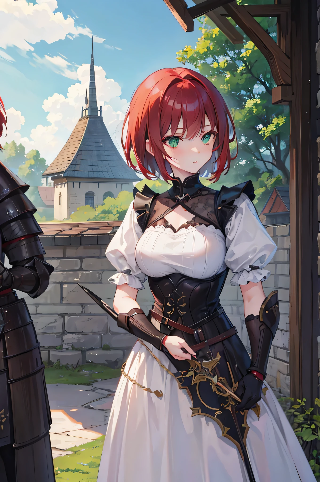 4K,High resolution,one woman,dark red hair,short hair,green eyes,knight,白色のknightの鎧,heavy armor,Maid clothes,castle town