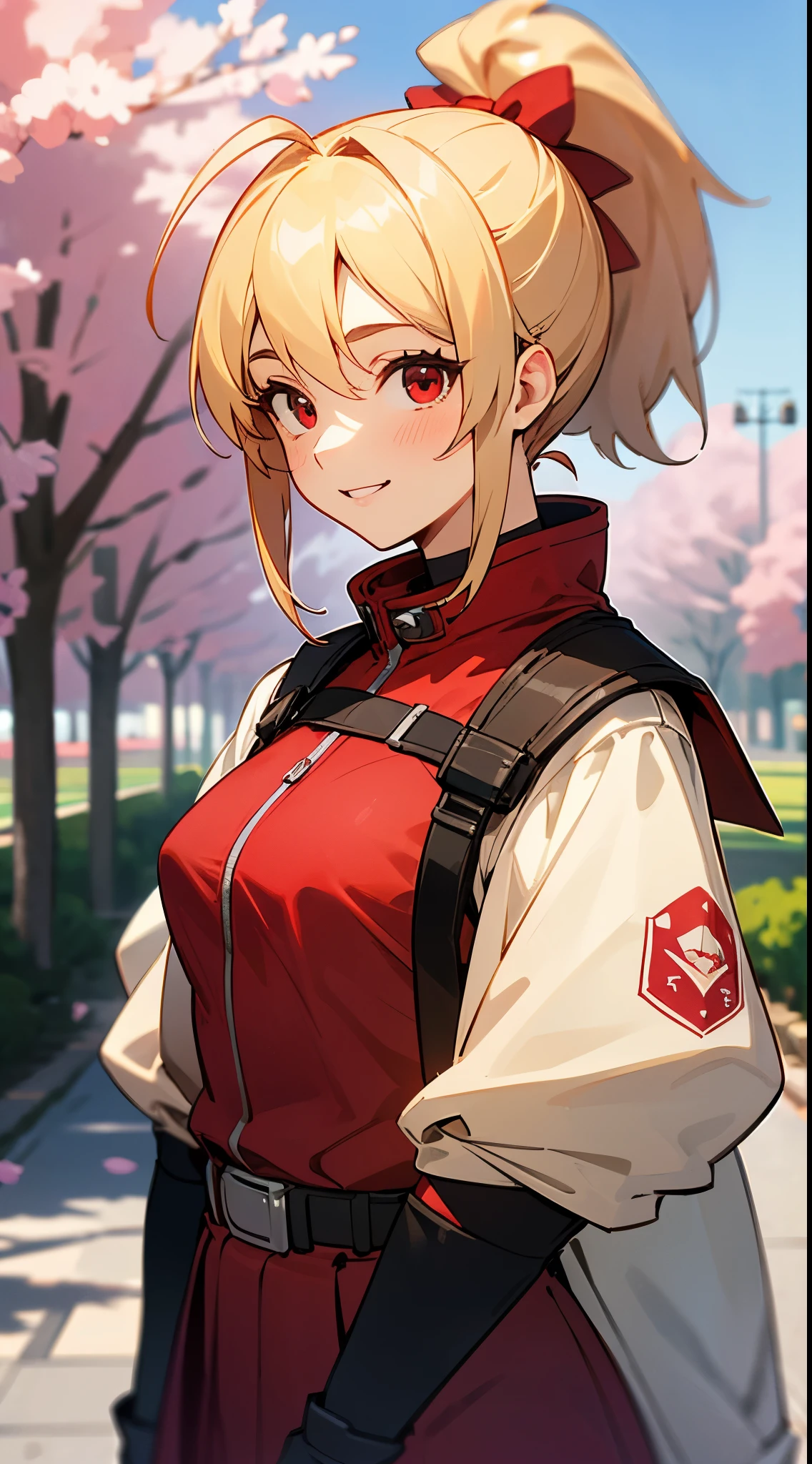 (highest quality、Super detailed、reality)、Energetic girl、high school girl、small breasts、Red Riders Jacket、blonde、red eyes、ponytail、Ahoge、From the side、gloves、bright smile、stand in front of a street tree、Upper body close-up、Sakura Park、sharp outline