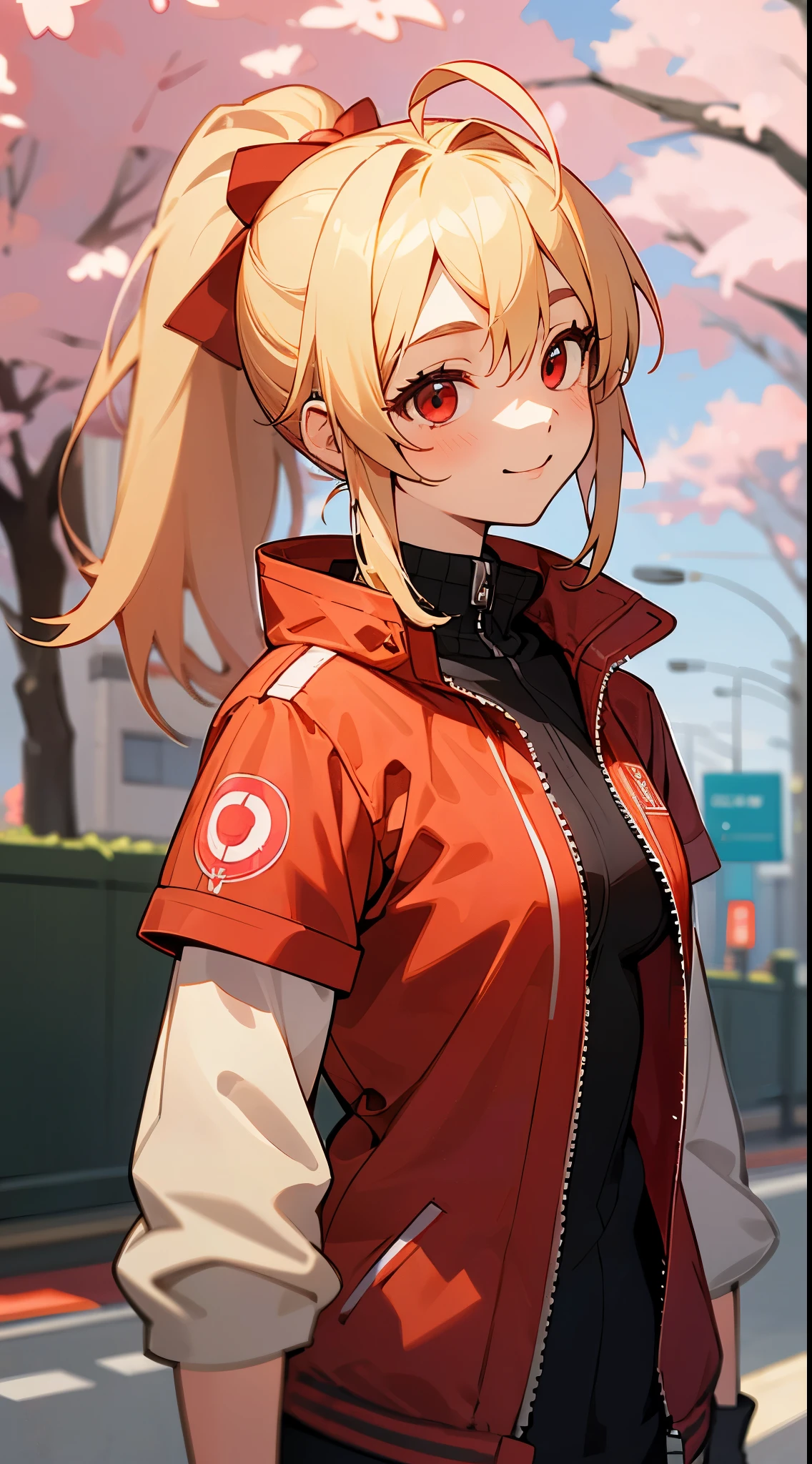 
(highest quality、Super detailed、reality)、Energetic girl、high school girl、small breasts、Red Riders Jacket、blonde、red eyes、ponytail、Ahoge、From the side、gloves、bright smile、stand in front of a street tree、Upper body close-up、Sakura Park、sharp outline