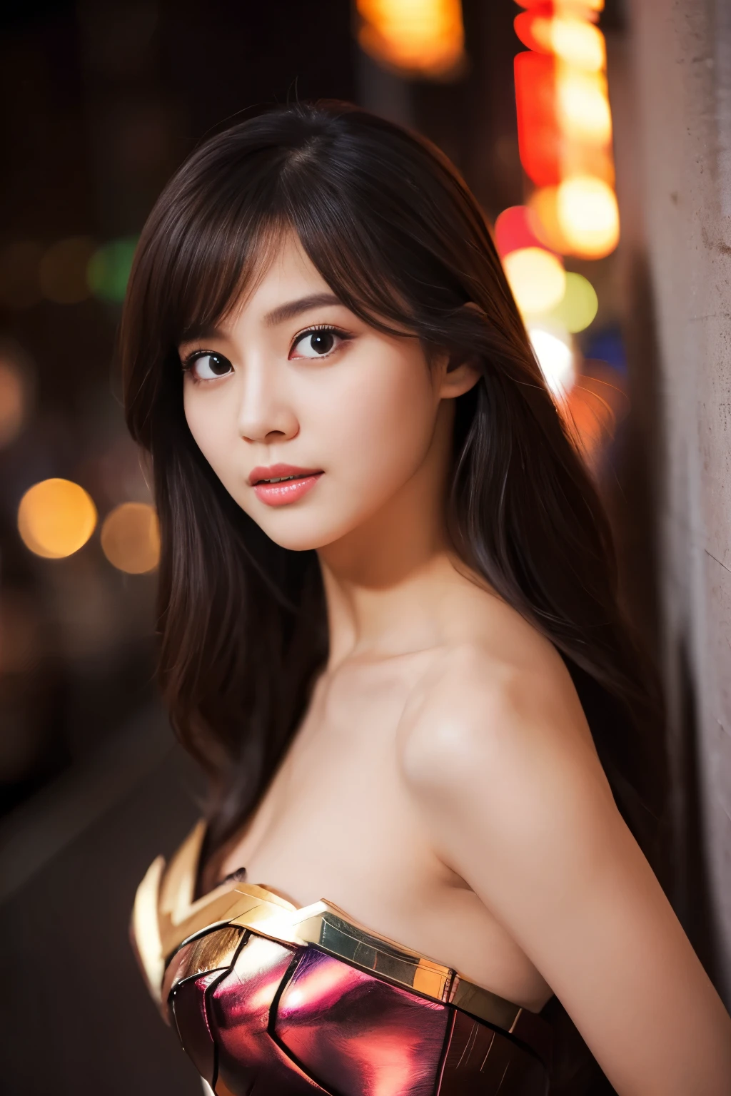 masterpiece、1 beautiful girl、fine eyes、puffy eyes、highest quality, 超High resolution, (reality: 1.4), movie lighting、Japanese、asian beauty、Korean、super beautiful、beautiful skin、body facing forward、close up of face、(超reality的な)、(High resolution)、(8K)、(very detailed)、(美しくfine eyes)、(Super detailed)、 (wall-)、detailed face、bright lighting、professional lighting、looking at the viewer、look straight ahead、slanted bangs、night view、brown hair、Nogizaka idol、korean idol、fiery idol pose、、25 years old、wonder woman cosplay