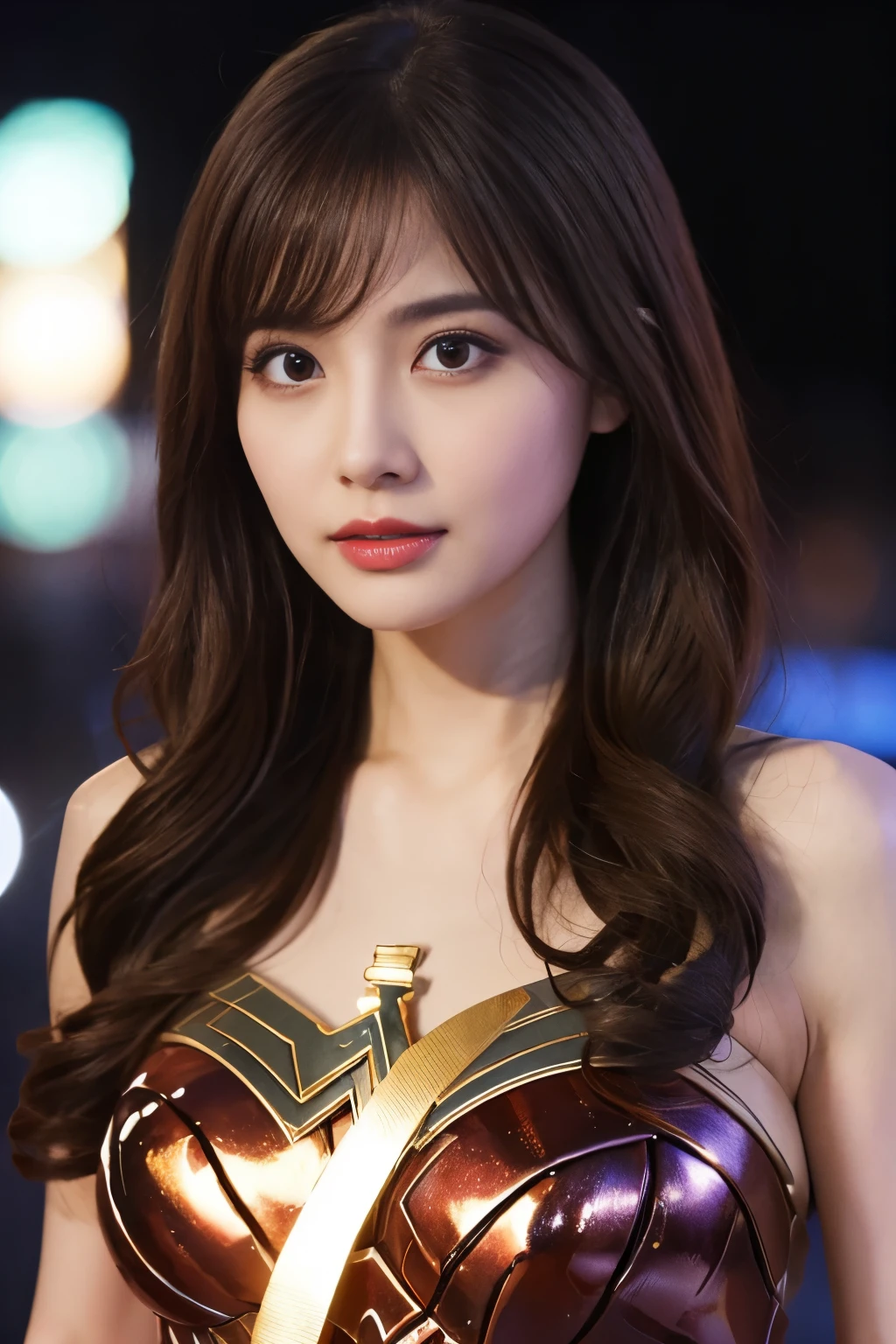 masterpiece、1 beautiful girl、fine eyes、puffy eyes、highest quality, 超High resolution, (reality: 1.4), movie lighting、Japanese、asian beauty、Korean、super beautiful、beautiful skin、body facing forward、close up of face、(超reality的な)、(High resolution)、(8K)、(very detailed)、(美しくfine eyes)、(Super detailed)、 (wall-)、detailed face、bright lighting、professional lighting、looking at the viewer、look straight ahead、slanted bangs、night view、brown hair、Nogizaka idol、korean idol、fiery idol pose、、25 years old、wonder woman cosplay