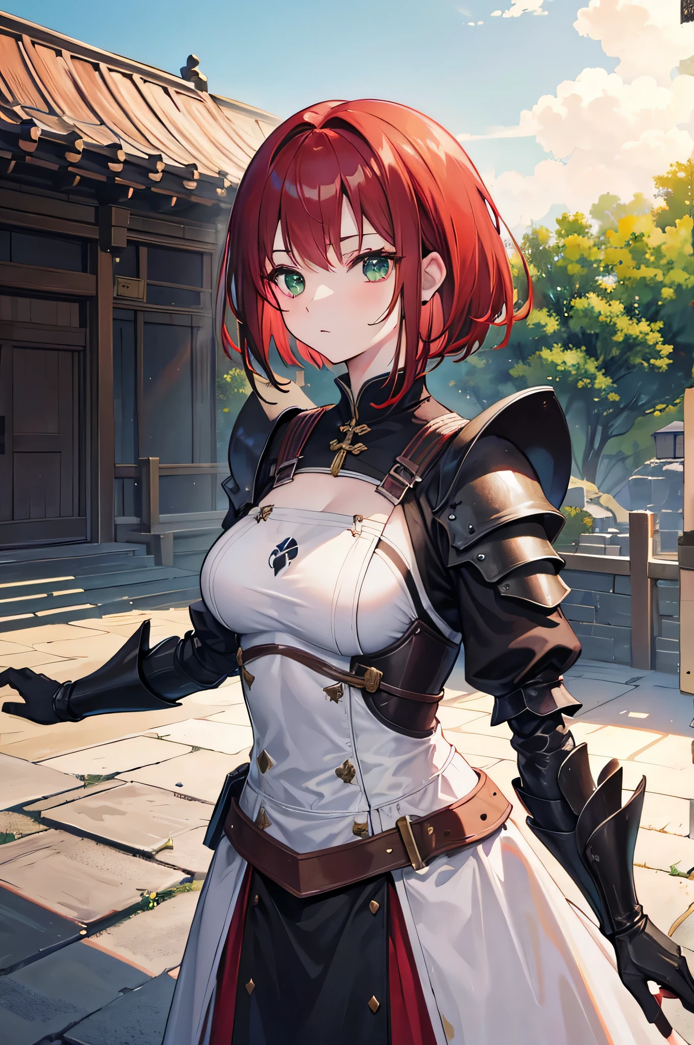 4K,High resolution,one woman,dark red hair,short hair,green eyes,knight,白色のknightの鎧,heavy armor,Maid clothes,castle town