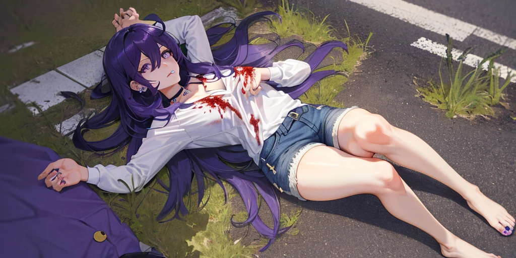 (lying on the roadside on one's back:1.2), Keqing, genshin impact, 1 girl, alone, ((white shirt)), barefoot, chest, cleavage, uniform, office background, Denim shorts that are about to tear, office, ((Killed)), ((From above)), (cinematic lighting), (Put your arms on the ground), (bloody ground), dutch angle, ((Bloody ground)), ((Bloody Body)), ((rape face)), (((horror))), hair between eyes, messy hair, large chest, long hair, purple hair, choker, pierce, ear piercing, lip piercing, purple short nails, purple eyes, alone, ((Thin knees, thick thighs)), very long hair, ((masterpiece)), name tag, id tag, Slender, mature woman