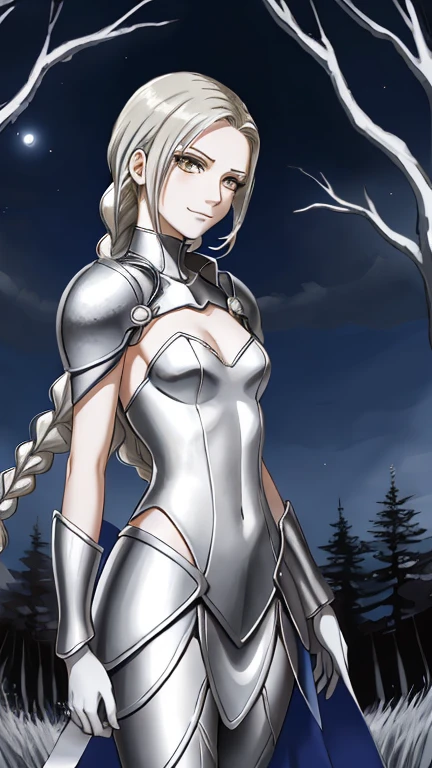 claymore (series),ophelia (claymore),1girl,Solo,fantasy,pale white skin,silver hair,show the forehead full,((slicked back hair)),hair pulled back,single braid,very long and large braid,yellow eyes,white bodysuit,white gloves,collarbone,silver pauldrons,(evil smile),a sad look,sinister female warrior,in the dark night lakeside,with trees ,no moon