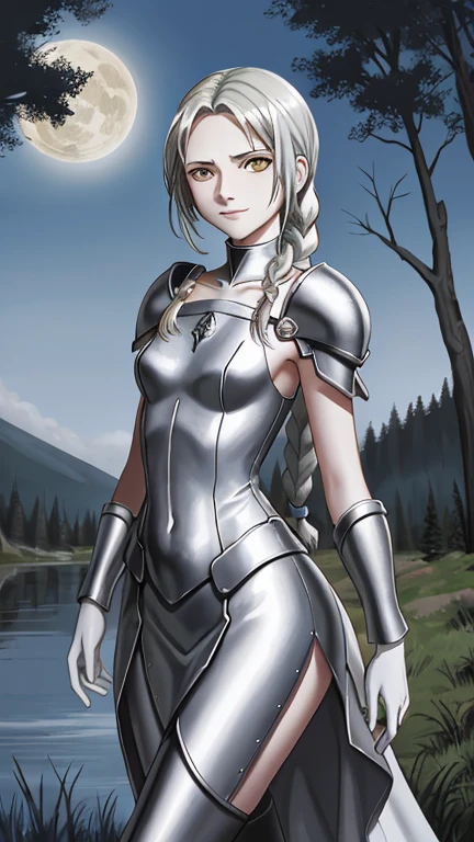 claymore (series),ophelia (claymore),1girl,Solo,fantasy,pale white skin,silver hair,show the forehead full,((slicked back hair)),hair pulled back,single braid,very long and large braid,yellow eyes,white bodysuit,white gloves,collarbone,silver pauldrons,(evil smile),a sad look,sinister female warrior,in the dark night lakeside,with trees ,no moon