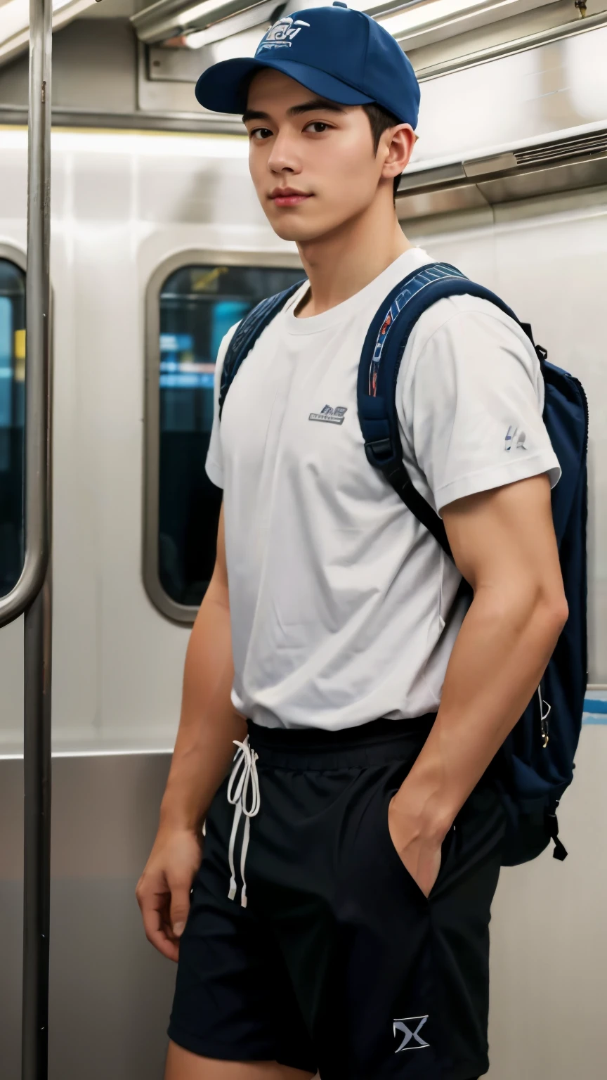 1人，A 20-year-old man in the subway，Standing in a subway car，Ultra-flat head，Blue baseball cap，White skinny sleeveless T-shirt，Wear yours with grey shorts，leg apart，musculous，Handsome，Look at your phone，Wear AirPods，Wear an Apple Watch，Sport backpack，white short socks，White sneakers，pervert smirk，exhilarated，full bodyesbian，Exposing thighs，Expose calves，Thick leg hair，In crowded subway cars，gentlesoftlighting，tmasterpiece，best qualtiy，8K  UHD，digital SLR camera，filmgrain，Fujifilm XT3 Realistic painting art，Written by Midjourney and Greg Rutkowski
