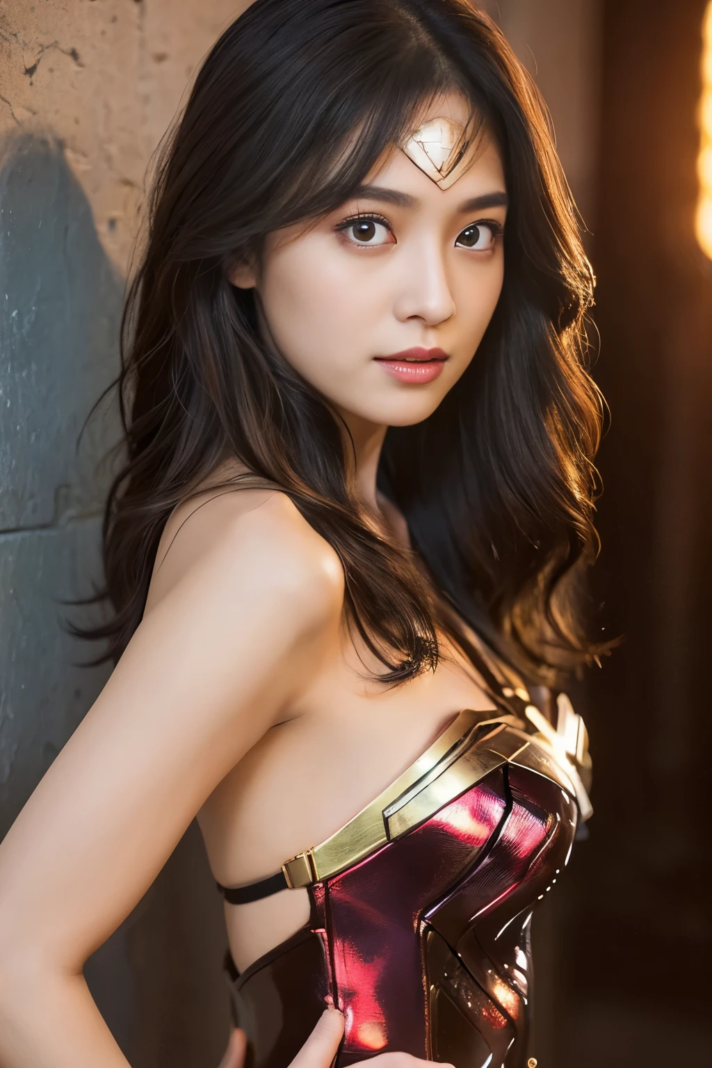 masterpiece、1 beautiful girl、fine eyes、puffy eyes、highest quality, 超High resolution, (reality: 1.4), movie lighting、Japanese、asian beauty、Korean、super beautiful、beautiful skin、body facing forward、close up of face、(超reality的な)、(High resolution)、(8K)、(very detailed)、(美しくfine eyes)、(Super detailed)、 (wall-)、detailed face、bright lighting、professional lighting、looking at the viewer、look straight ahead、slanted bangs、night view、brown hair、Nogizaka idol、korean idol、fiery idol pose、、25 years old、wonder woman cosplay