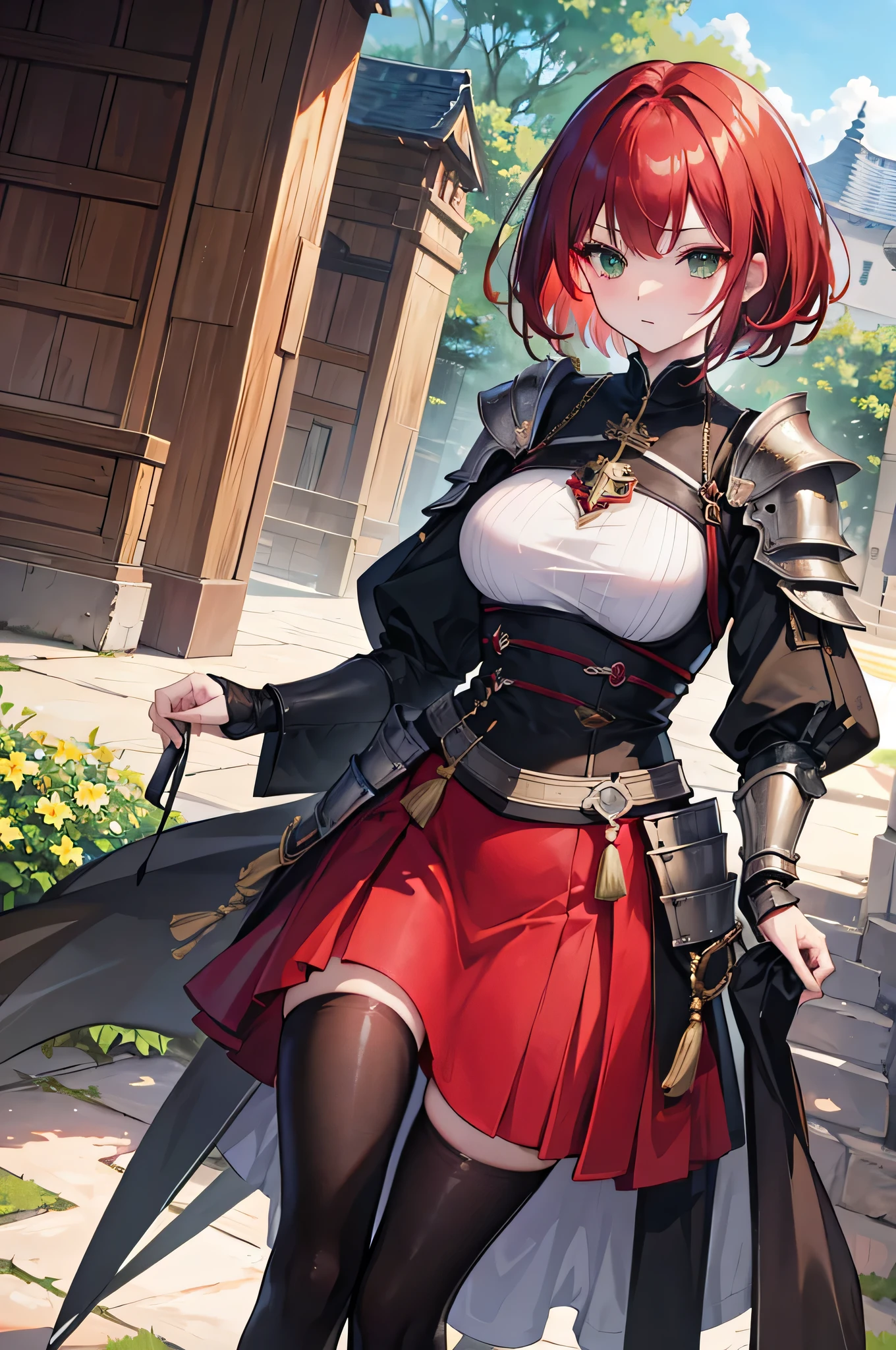 4K,High resolution,one woman,dark red hair,short hair,green eyes,knight,白色のknightの鎧,heavy armor,Maid clothes,castle town