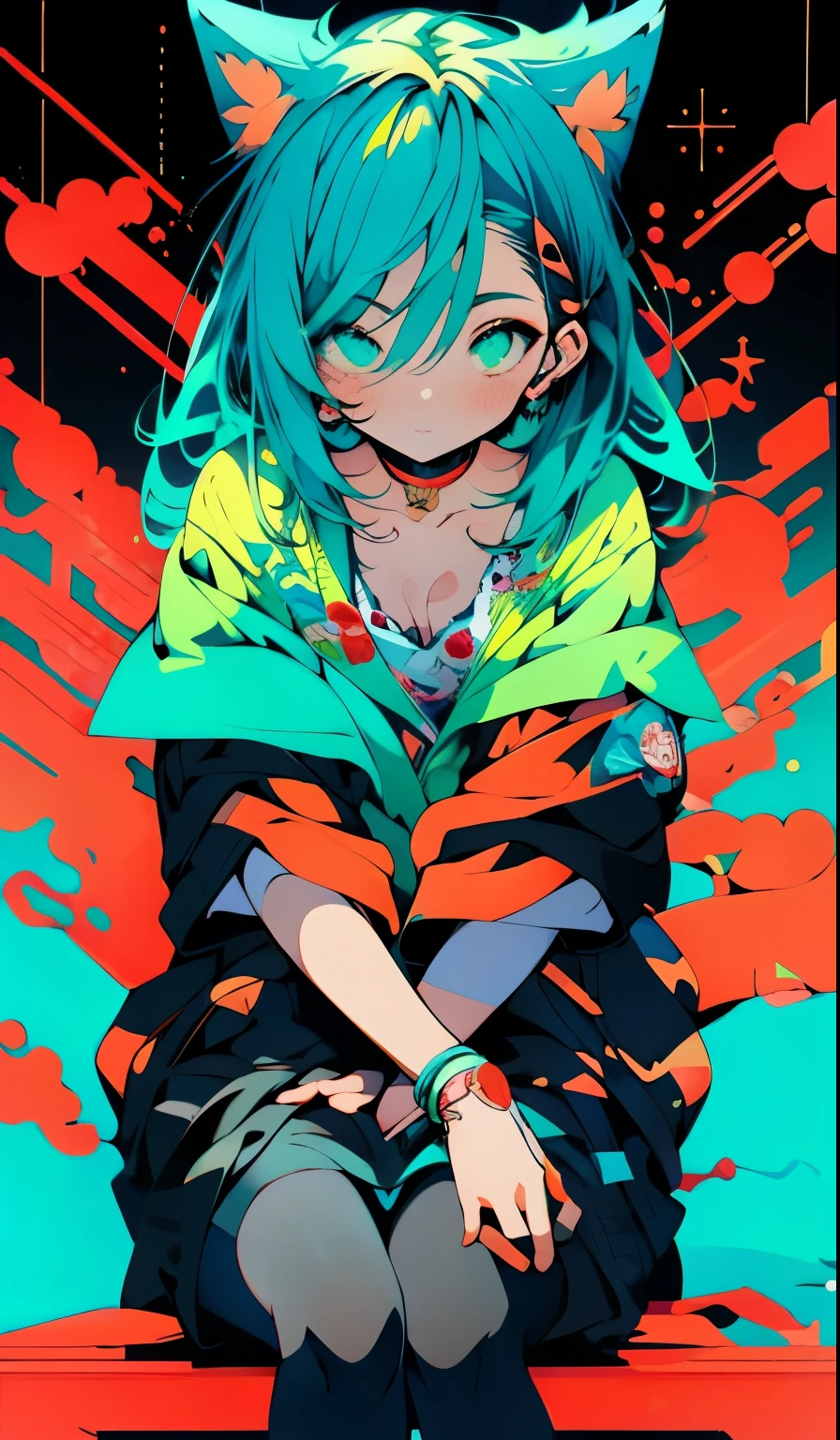 Anime girl with blue hair and cat ears sitting on colorful blanket, anime moe art style, anime monster girl, style of anime4 K, 2 d anime style, Anime Girl with Long Hair,demon anime girl, Mikudayo, Anime girl with teal hair