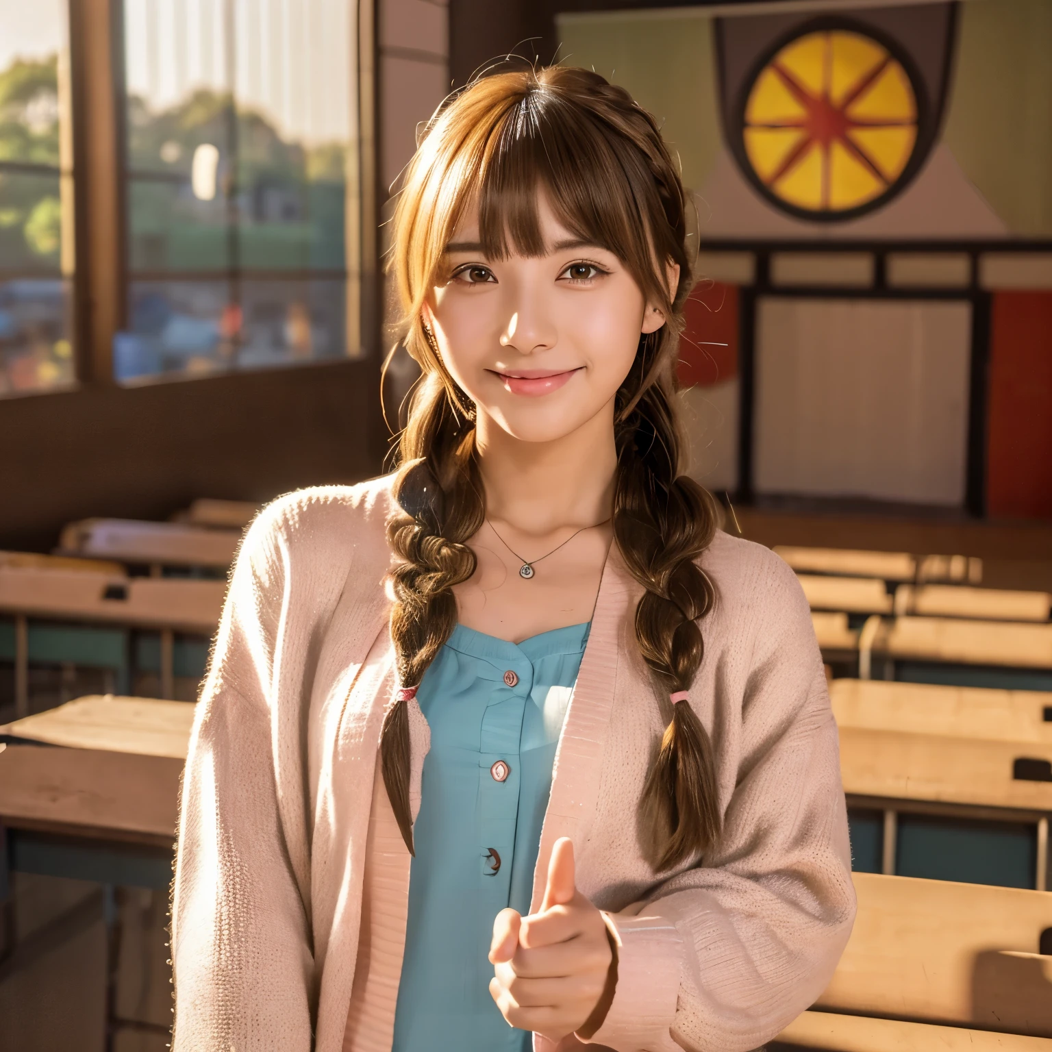 (((anime))), ((animeーション化された)), (gal), medium hair, (braid hair:1.3), (dull bangs:1.2),two tone hair, blonde hair, (pink hair), round face, red eyes, (droopy eyes), (((we say))),pink lip,earrings,necklace,[black skin], light smile, ((((cute)))), beautiful, 1 girl, alone, (cardigan:1.4), [cleavage cutout],peace sign,beautiful background,(classroom:1.5),evening,sunlight,Backlight,masterpiece,highest quality,exquisite,8K,disorganized,super fine illustration,(looking at the viewer)