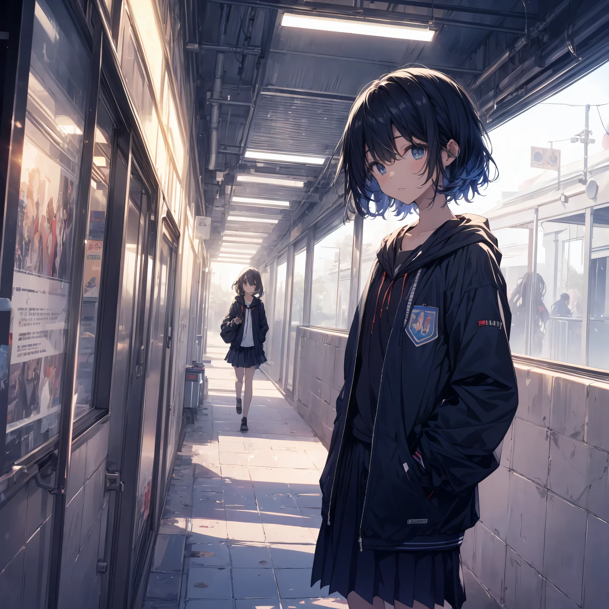 super highest quality, super detailed, High resolution, anime moe art style, best anime 8K konachan wallpaper, pixiv contest winner, perfect anatomy, break,(眠そうにalone学校へ行く女の子を描いてください. ),break, surreal high school girl, (alone,change, child,13 years old:1.3),All limbs, full finger,Middle school students, androgynous charm, (very short hair), messy hair, flat chest, small ass, between legs, Small black eyes,beautiful and fine eyes, Well-proportioned iris and pupils, disgusted eyes, High resolutionの詳細な髪, school uniform, (skirt), On the way to school. break,super dense skin, Best lighting by famous artists, 8K, figure,