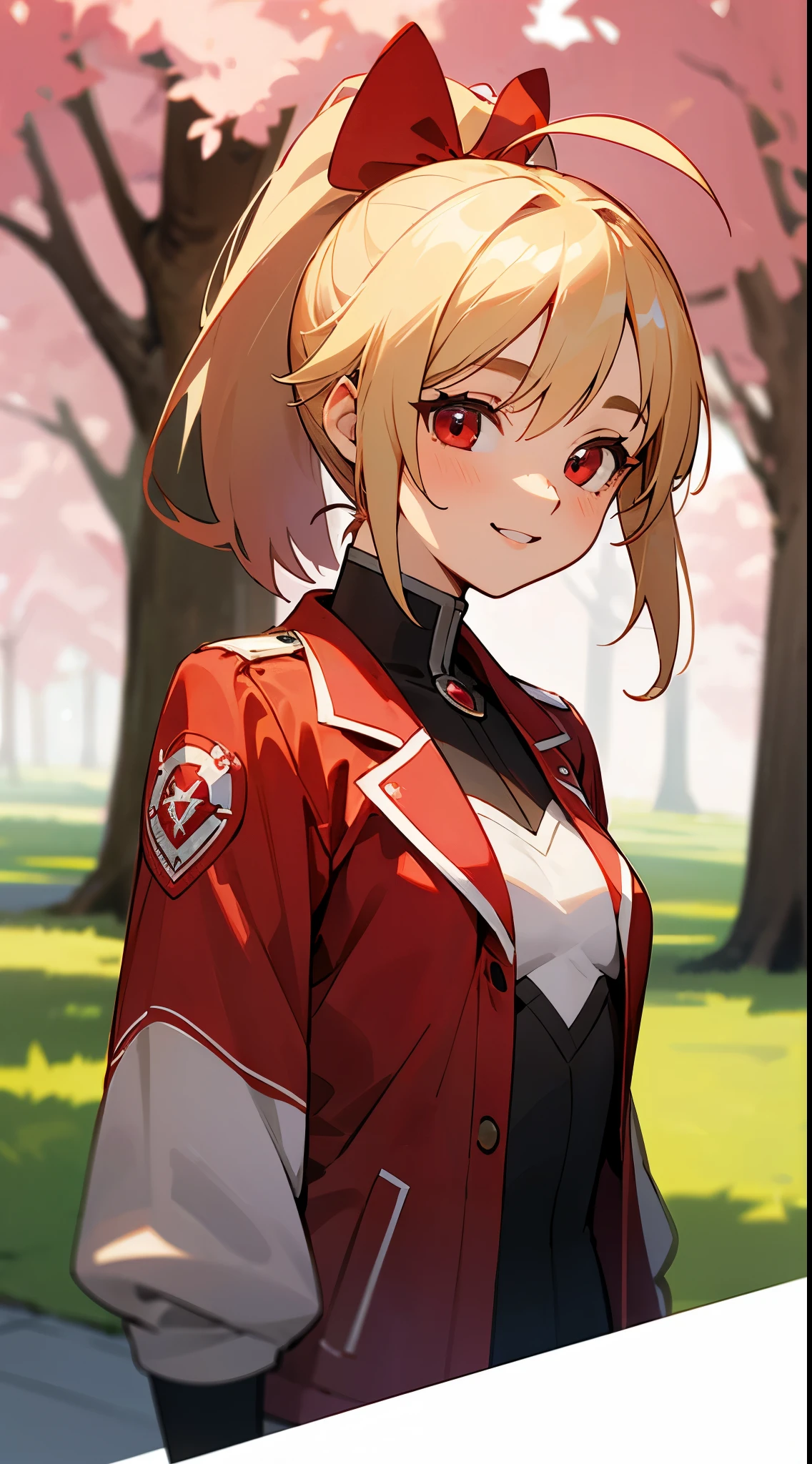 (highest quality、Super detailed、reality)、Energetic girl、high school girl、small breasts、Red Riders Jacket、blonde、red eyes、ponytail、Ahoge、From the side、gloves、bright smile、stand in front of a street tree、Upper body close-up、Sakura Park、sharp outline