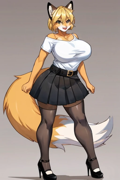 isabelle, looking at the viewer, 1girl, solo, full body view, top side view, random poses, furry, furry female, big breasts, big thick, thicker breast, heavy breathing, open mouth, wink, button gap, dog girl, hair ornament, green skirt, white shirt, topknot, blonde hair, cleavage, short hair, neck ribbon, wet clothes, steaming body, thicker body, animal ears, bursting breasts, simple background