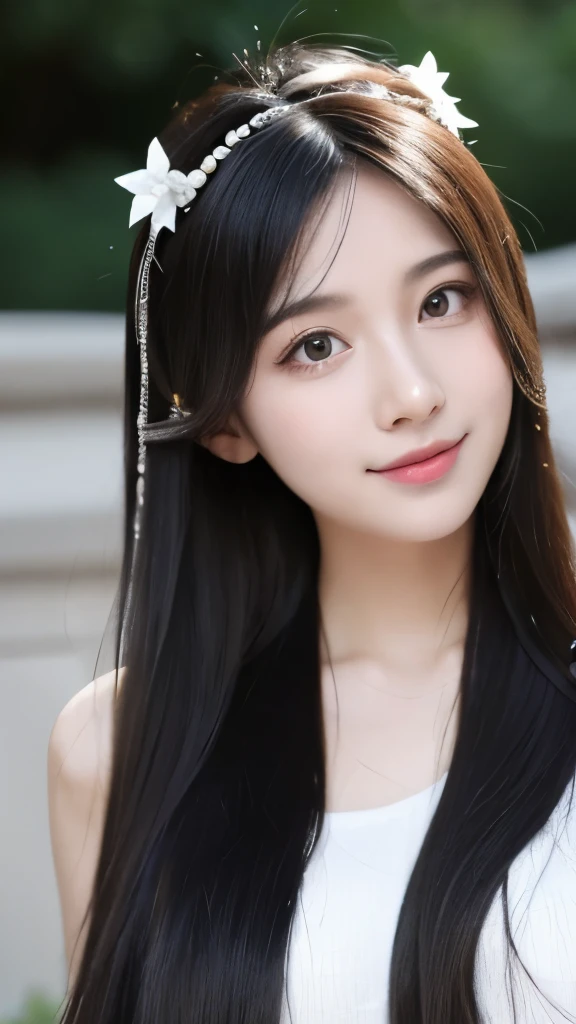 best quality, masterpiece, ultra high resolution, lifelike, (Panorama:1.5), (1 girl),(long hair),(hair accessories:1.4),女孩的身边有一座古老的宫殿whole body黑丝,Black stockings sharp focus, Good shape, whole body,Random pose reference, Single eyelid eyes, high nose bridge、Pointed nose, V-shaped face, pale skin, Smile, Bokeh