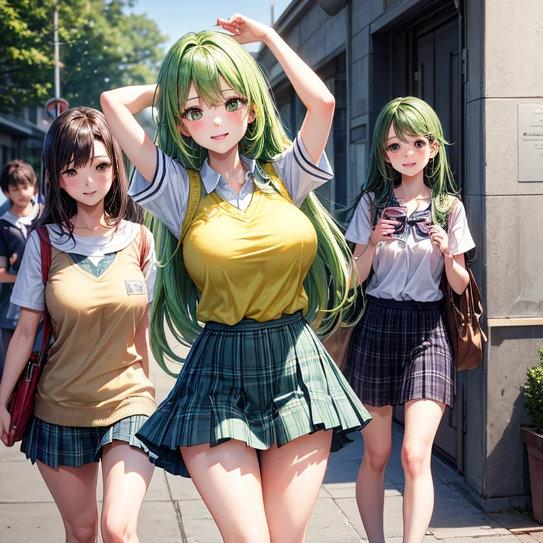 long yellow-green hair、smile、beautiful girl、high school student、high school uniform、short sleeve、yellow knit vest、Green plaid skirt、long legs、thin thighs、big breasts、big breasts、School、blush、hands behind head、stare
