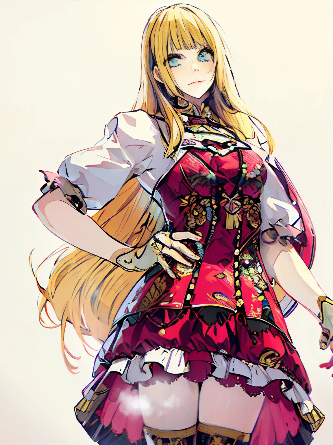 Korean。blonde、blunt bangs、beautiful girl。woman、sketch、pink clothes、White sleeves、Portrait、comic tone