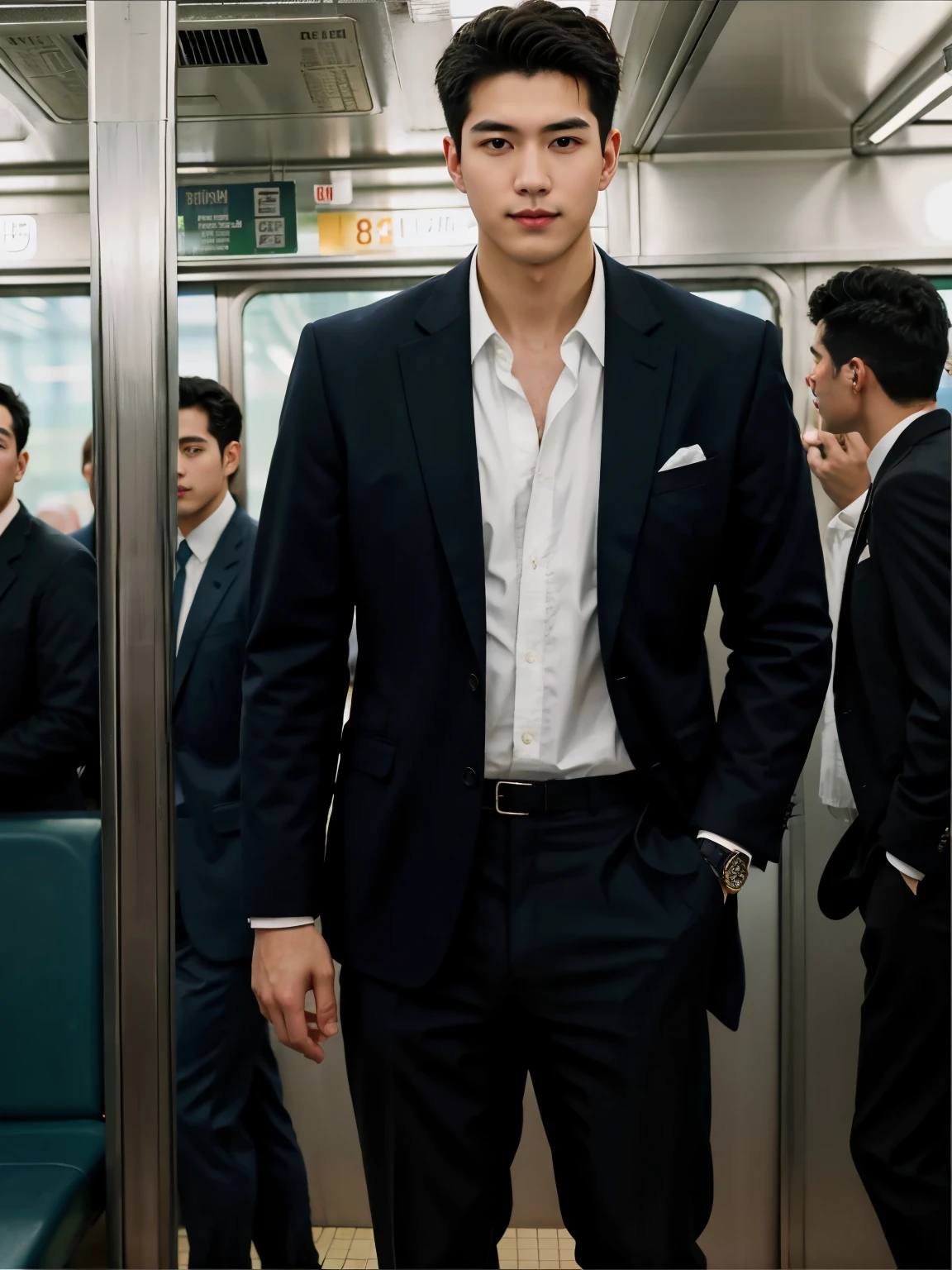 1人，A 20-year-old man in the subway，Standing in a subway car，wearing suit, business man style，leg apart，musculous，Handsome，Look at your phone，Wear AirPods，Wear an Apple Watch，white short socks，shoes，pervert smirk，exhilarated，full bodyesbian，Exposing thighs，Expose calves, big bulge，Thick leg hair，In crowded subway cars，gentlesoftlighting，tmasterpiece，best qualtiy，8K  UHD，digital SLR camera，filmgrain，Fujifilm XT3 Realistic painting art，Written by Midjourney and Greg Rutkowski