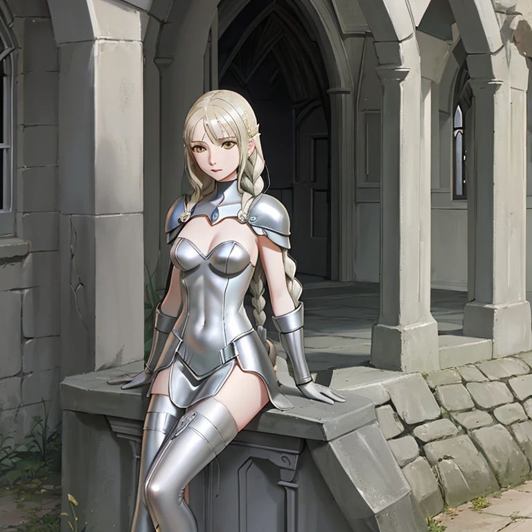 claymore (series),ophelia (claymore),1girl,Solo,fantasy,pale white skin,silver hair,show the forehead full,((slicked back hair)),hair pulled back,single braid,very long and large braid,yellow eyes,white bodysuit,white gloves,collarbone,silver pauldrons,(evil smile),a sad look,sinister female warrior,in the dark night lakeside,with trees ,no moon