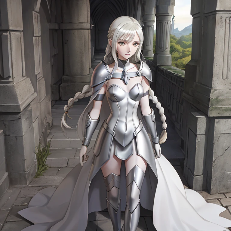 claymore (series),ophelia (claymore),1girl,Solo,fantasy,pale white skin,silver hair,show the forehead full,((slicked back hair)),hair pulled back,single braid,very long and large braid,yellow eyes,white bodysuit,white gloves,collarbone,silver pauldrons,(evil smile),a sad look,sinister female warrior,in the dark night lakeside,with trees ,no moon